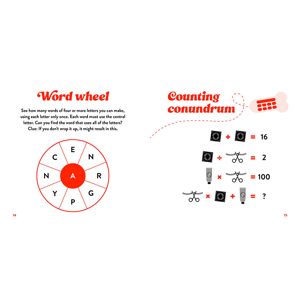 The Little Book Of Cock features a word wheel and counting conundrum, promoting fun and humor through activities.