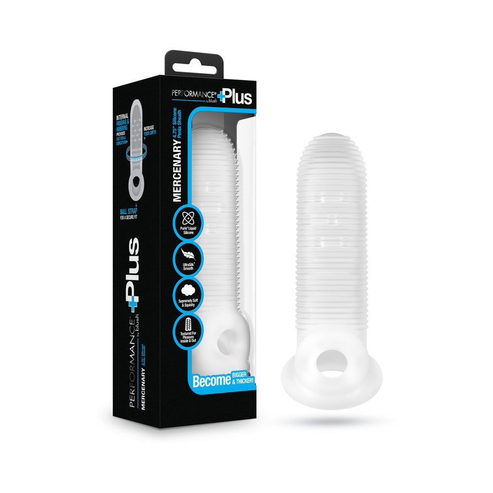 Performance Plus Mercenary Silicone Penis Sheath Small in packaging with ribbed texture for enhanced sensation.