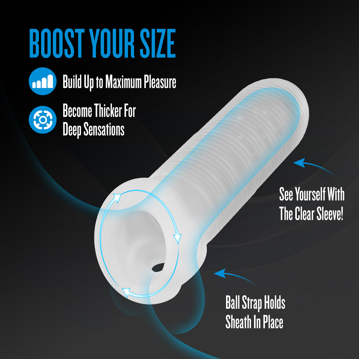 Performance Plus Mercenary Silicone Penis Sheath Small with text highlights on boosting size and pleasure.