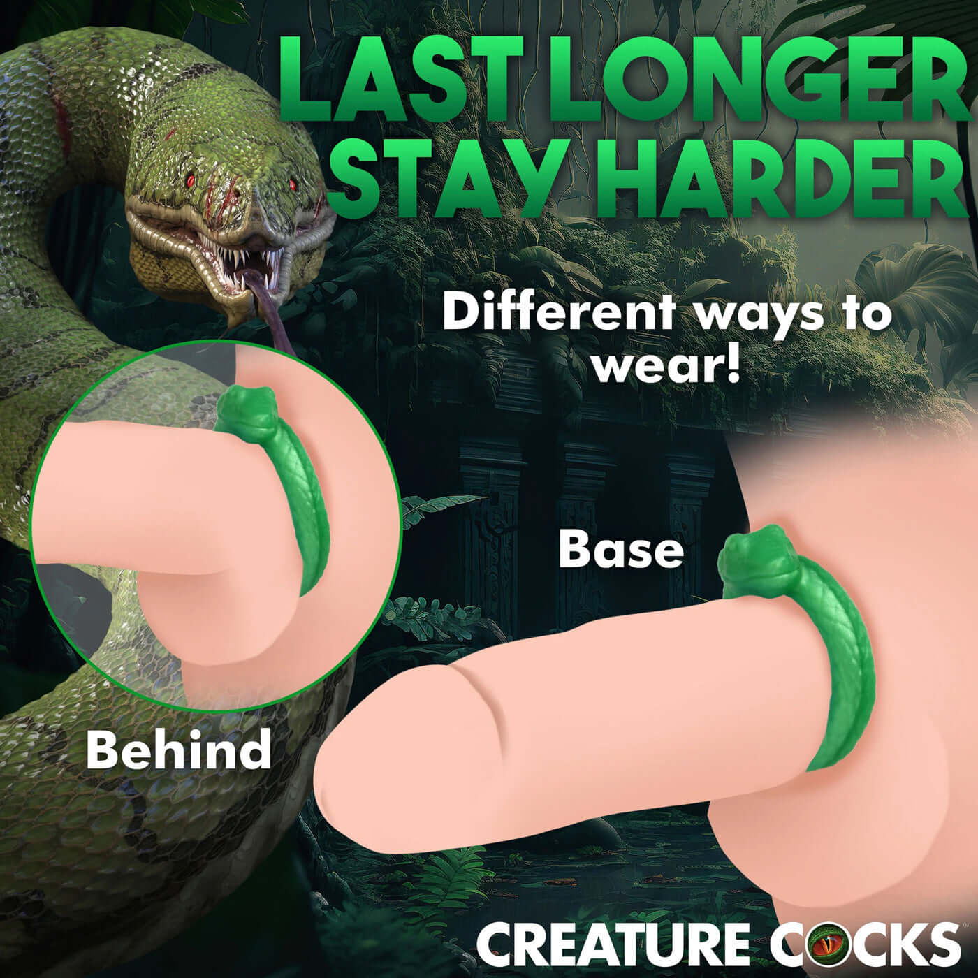 Green Serpentine Silicone Cock Ring wrapped around a shaft, shown in two different positions, with a jungle backdrop and a serpent in the background.