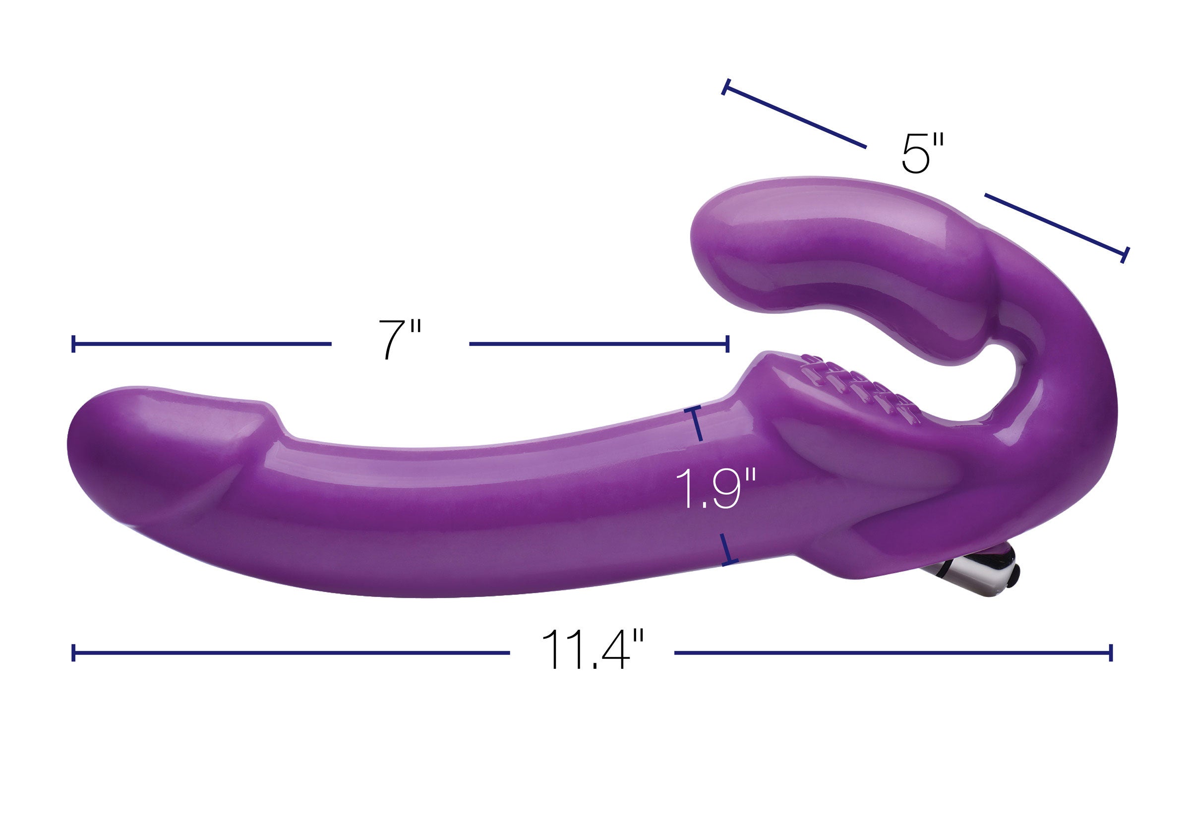 Strap U 7X Revolver Thick Vibrating Strapless Strap-On Dildo Purple with dimensions shown: 7x11.4 inches, detailed view.