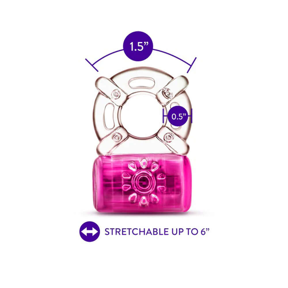Play With Me Pleaser rechargeable C-ring in pink, showing dimensions and stretchability for enhanced pleasure.