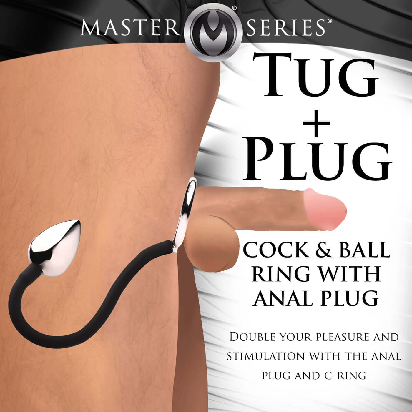 Tug and Plug Cock and Ball Ring with Anal Plug for prostate stimulation and shaft erection enhancement in black silicone and aluminum