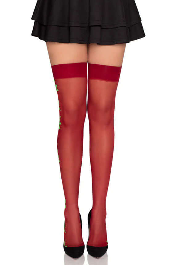 Spandex Thigh Highs With Roses - Os - Burgundy-2