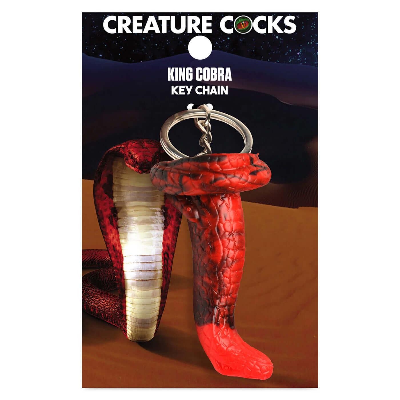 King Cobra Keychain - Red fantasy roleplay accessory, Creature Cocks keychain on blister card packaging with snake design