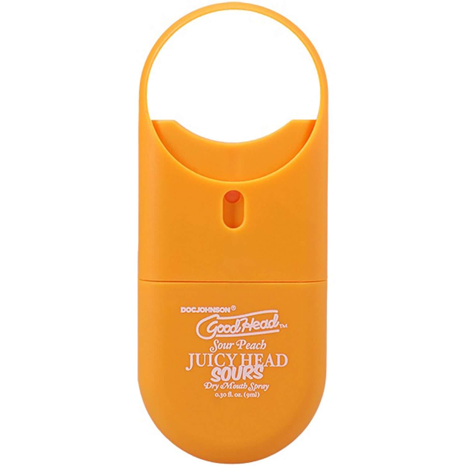 Goodhead Juicyhead Dry Mouth Spray in Sour Peach flavor, travel-size bottle for oral sex enhancement.