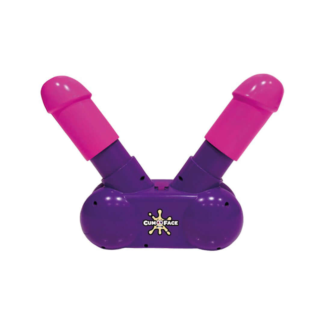Cum Face Duel Pump Action Penis Game, a fun party game featuring dual pink pump action devices.