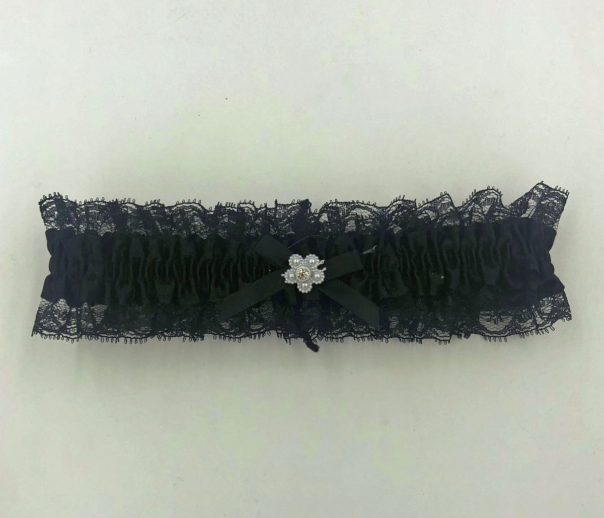 Satin Leg Garter One Size Black With Black Lace featuring lace trim and bow embellishment.