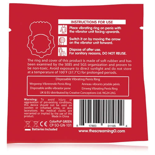 Instructions for use on the back of Colorpop Quickie Vibrating Ring Green packaging.