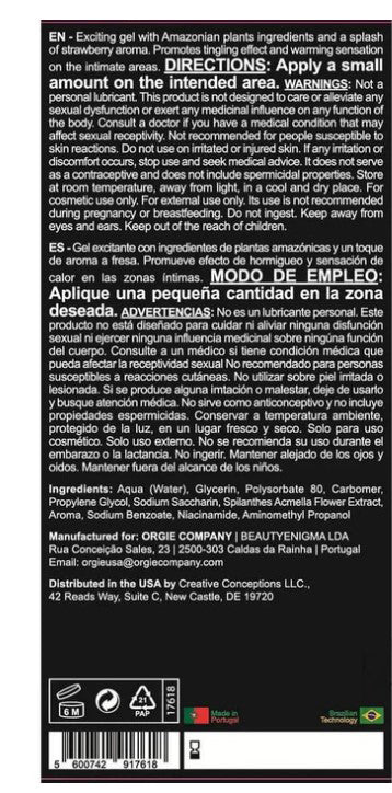Orgie Sexy Vibe Hot Intimate Arousal Gel 15 ml product directions and ingredients list on packaging.