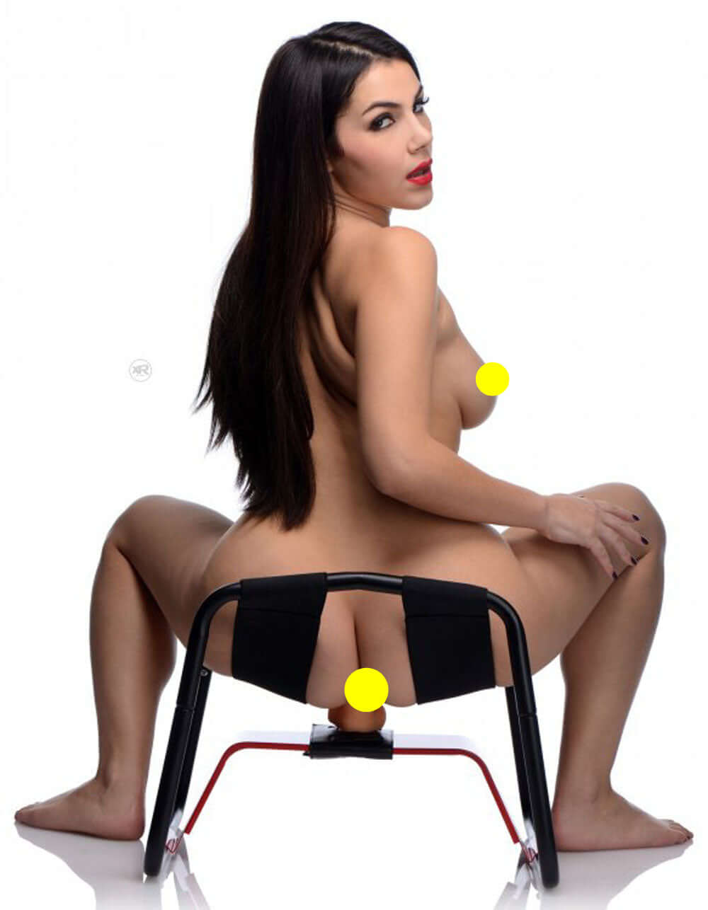 Love Botz Bangin Bench Extreme Sex Stool displayed with model demonstrating its use.