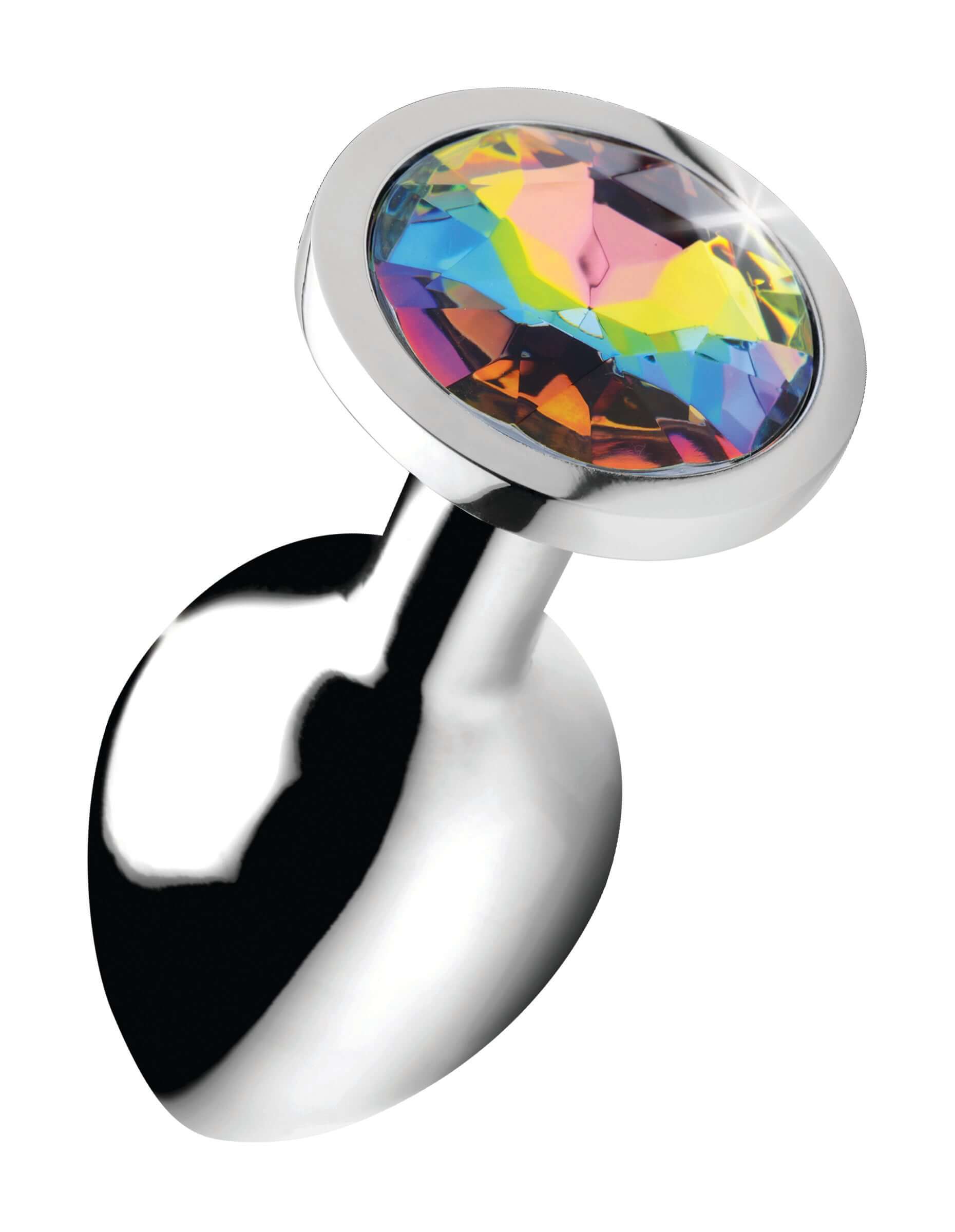 Rainbow Prism Gem Anal Plug Medium with a dazzling rainbow prism gem and smooth silver base for pleasurable sensations.