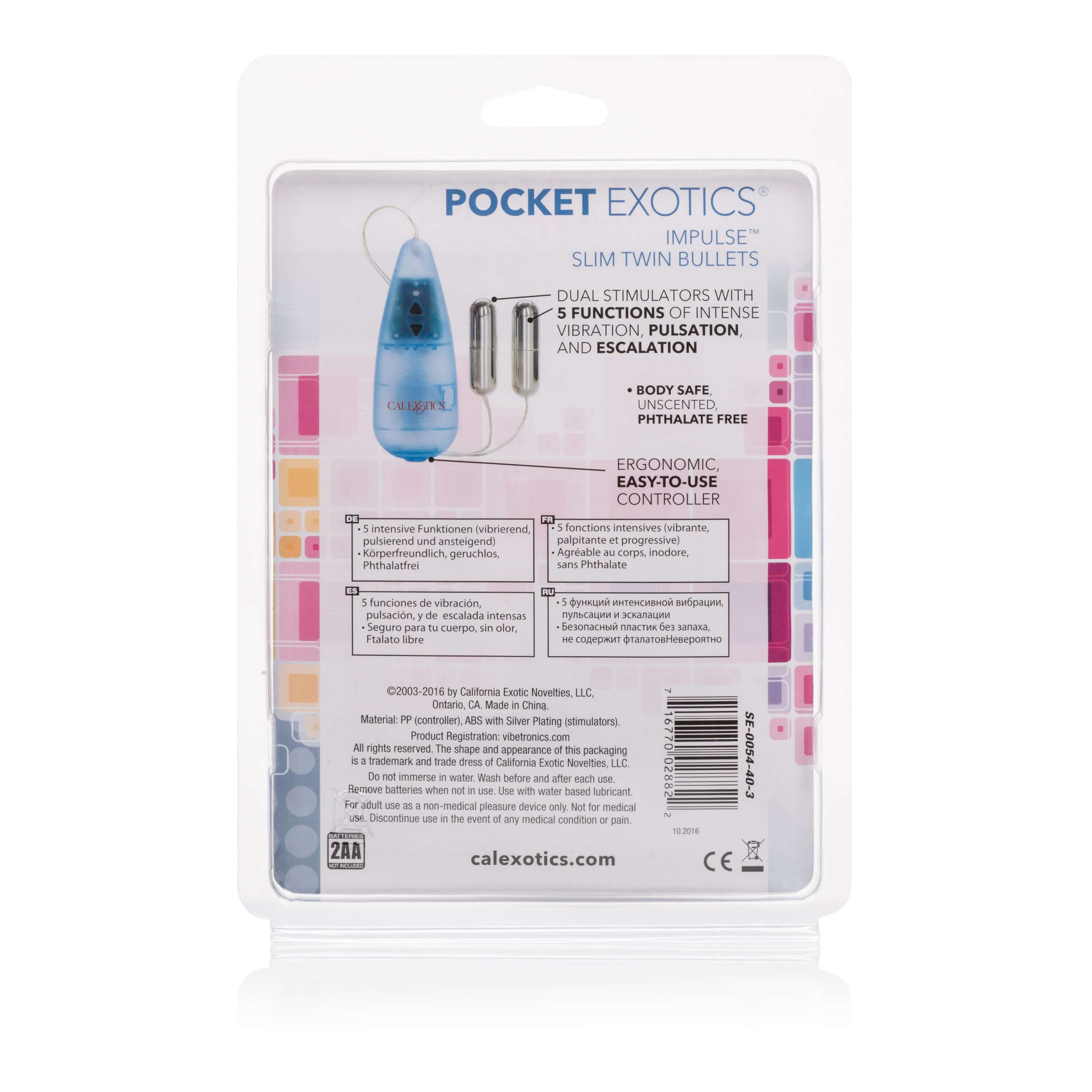 Pocket Exotics Impulse Slim Twin Bullets packaging with dual stimulators and easy-to-use controller.