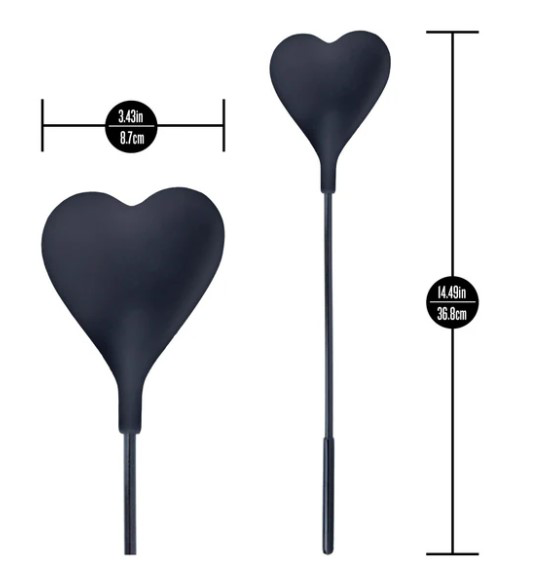 Temptasia Ardor Heart Crop Black with heart-shaped tip, dimensions 3.43in x 14.49in, made of body-safe silicone.