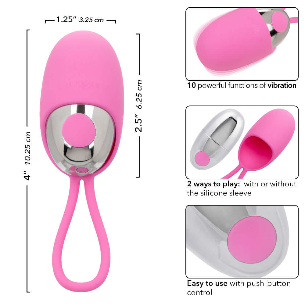 Turbo Buzz Bullet Vibrator with Removable Pink Silicone Sleeve, 10 vibration functions, compact silver bullet design with measurements