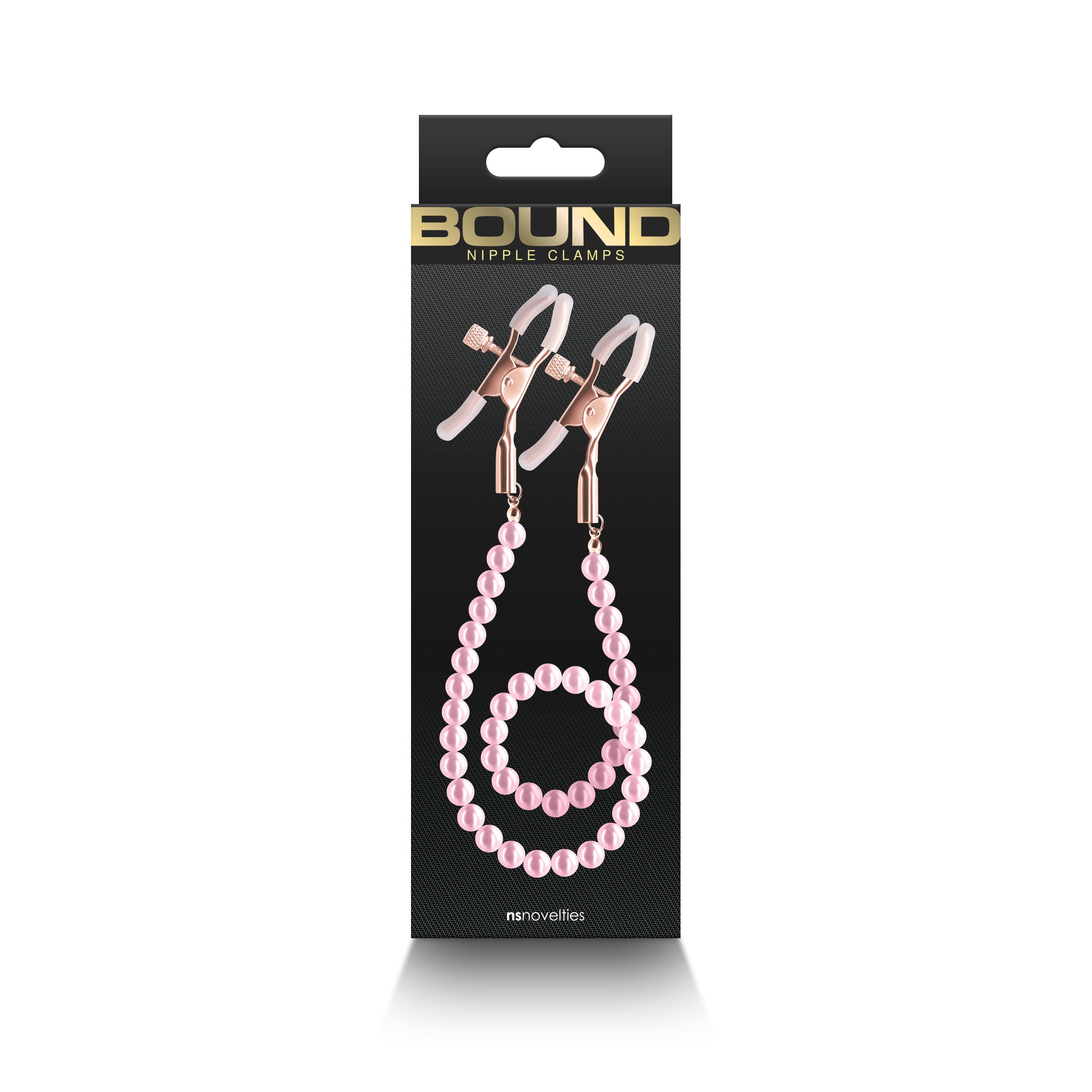 Bound Nipple Clamps DC1 Rose Gold Pink packaging featuring adjustable metal clamps with soft pink silicone tips.