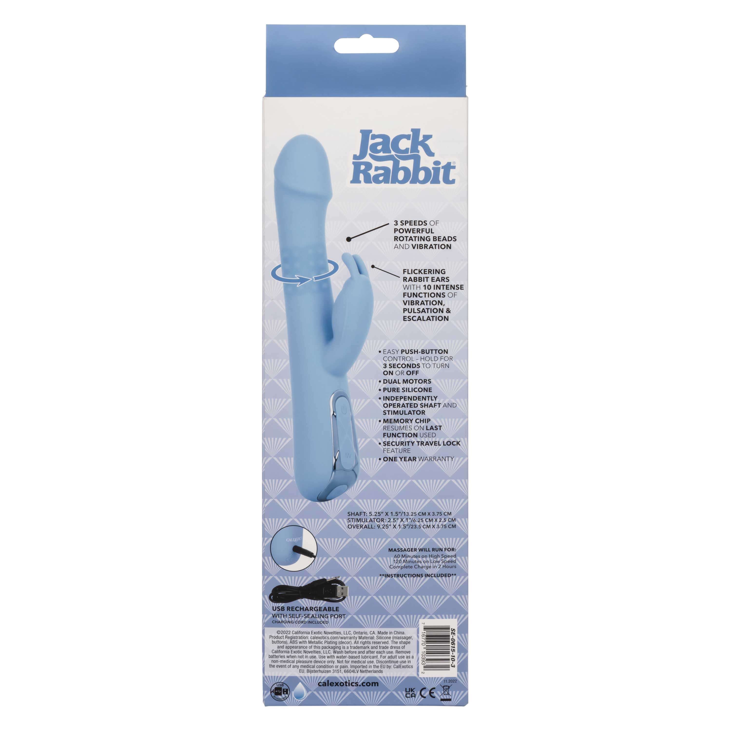 Jack Rabbit Elite Rotating Rabbit Vibrator Blue packaging with features and controls for customizable stimulation.