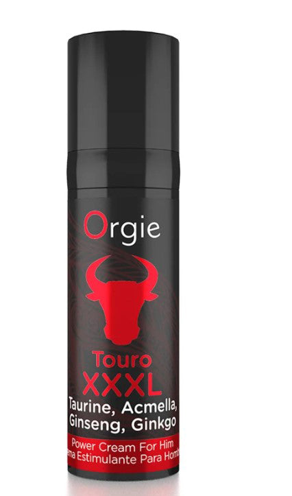 Orgie Touro Xxxl Power Cream for Him 15 ml bottle with taurine, acmella, ginseng, and ginkgo ingredients.