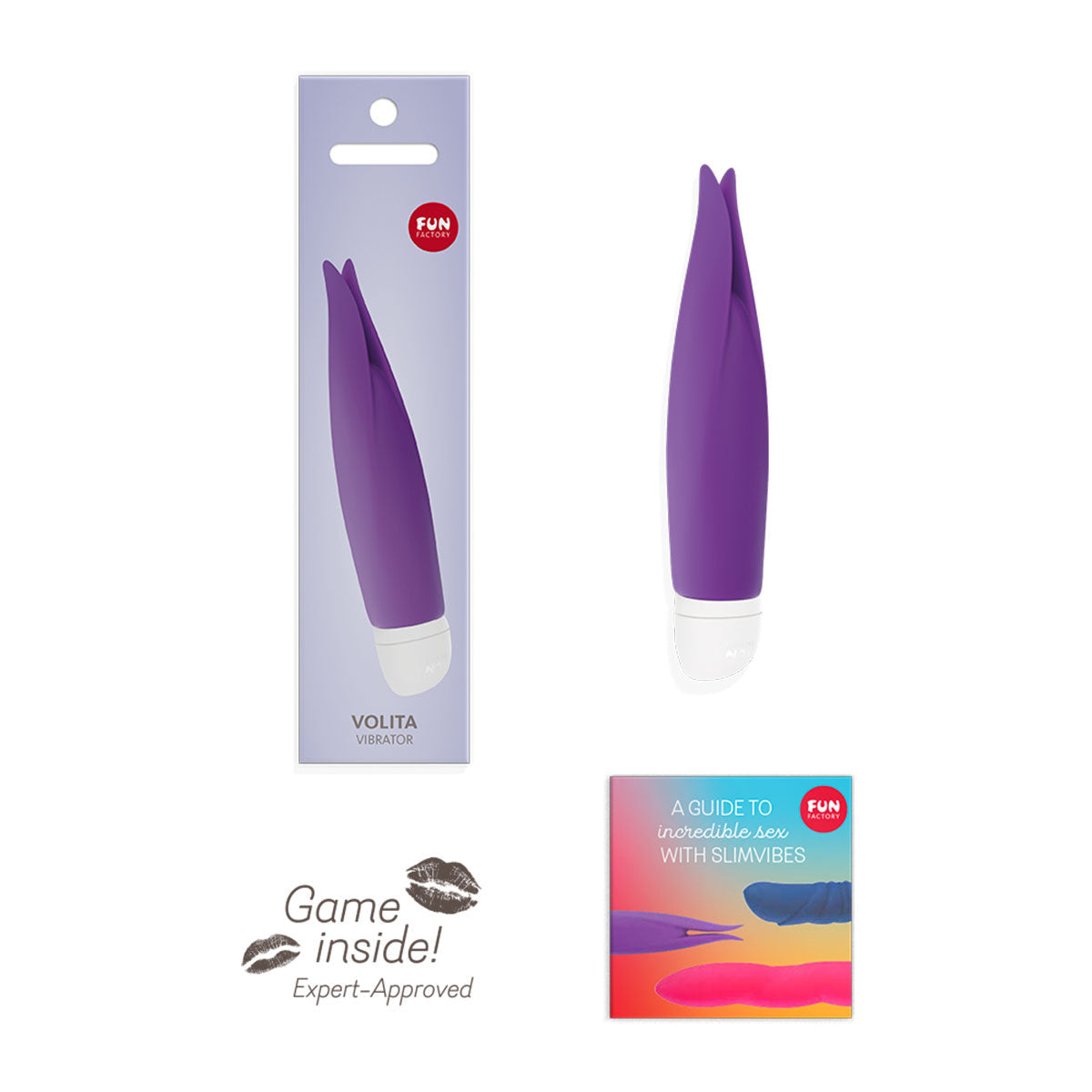 Fun Factory Volita Vibrator Violet in packaging with guide, designed for powerful orgasms and intense pleasure.