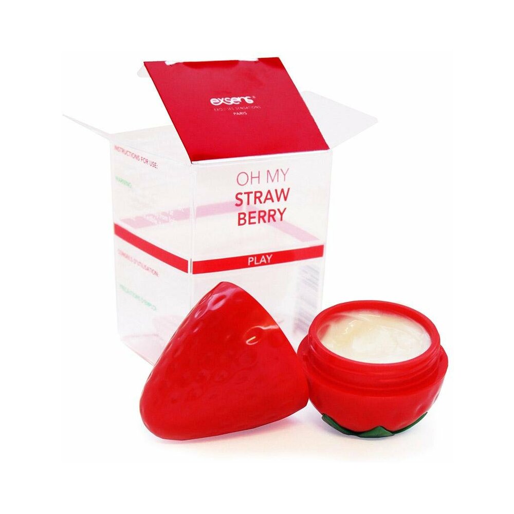 Exsens Nipple Arousal Cream Oh My Strawberry 0.3 Oz in a strawberry-shaped container with packaging.