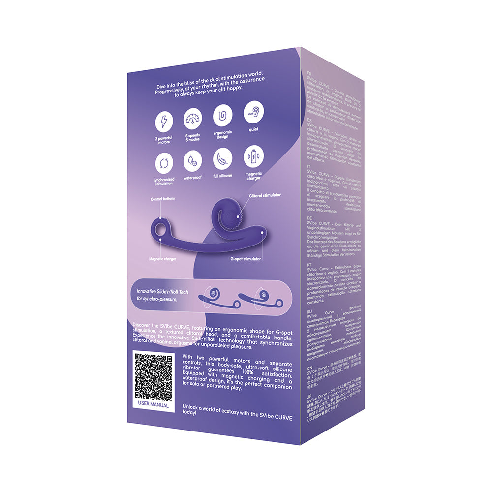 Svibe Snail Curve Dual Stimulator Purple packaging features and instructions.
