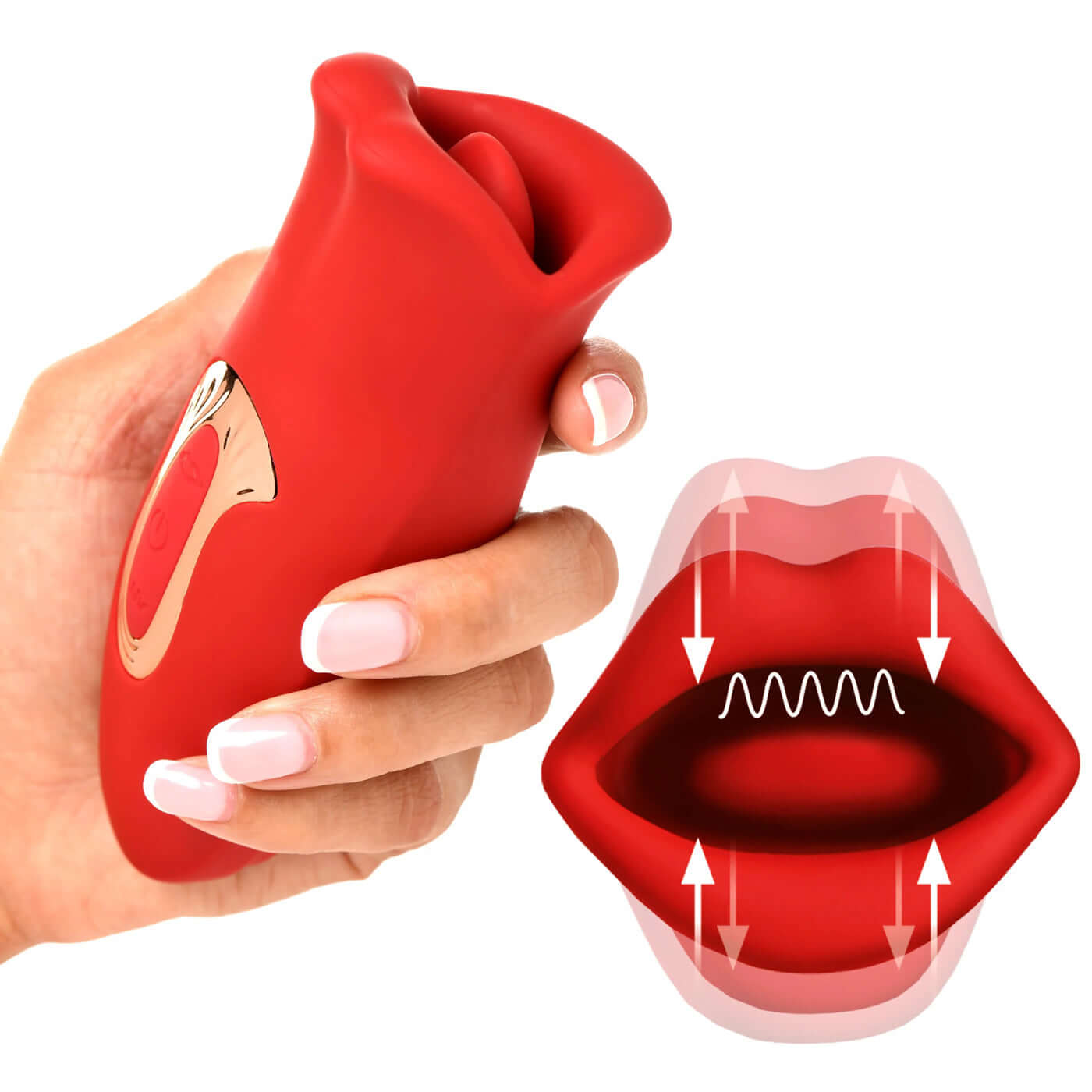 Red Lickgasm Kiss and Tell clitoral stimulator with kissing and vibrating features being held, alongside visual of licking and pulsating motions.