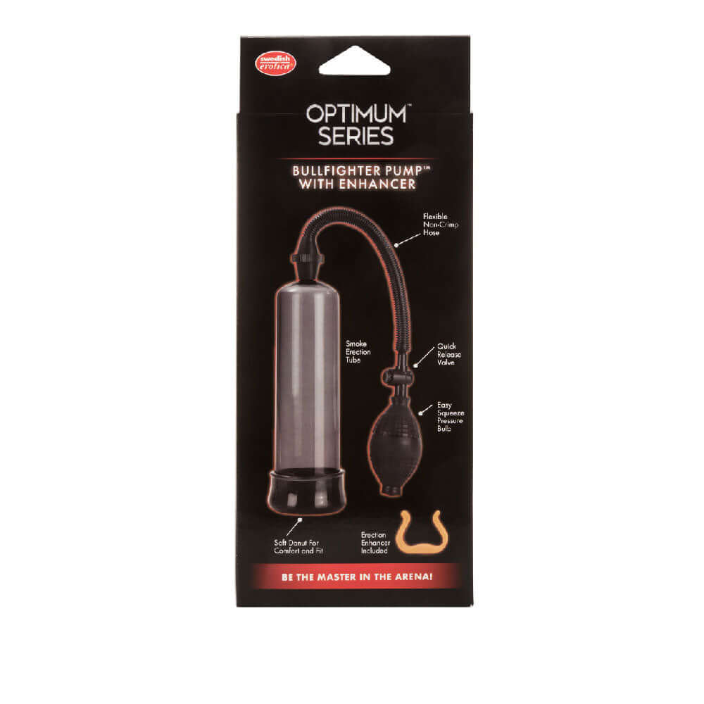 Optimum Series Bullfighter Penis Pump packaging showcasing features and design for performance enhancement.