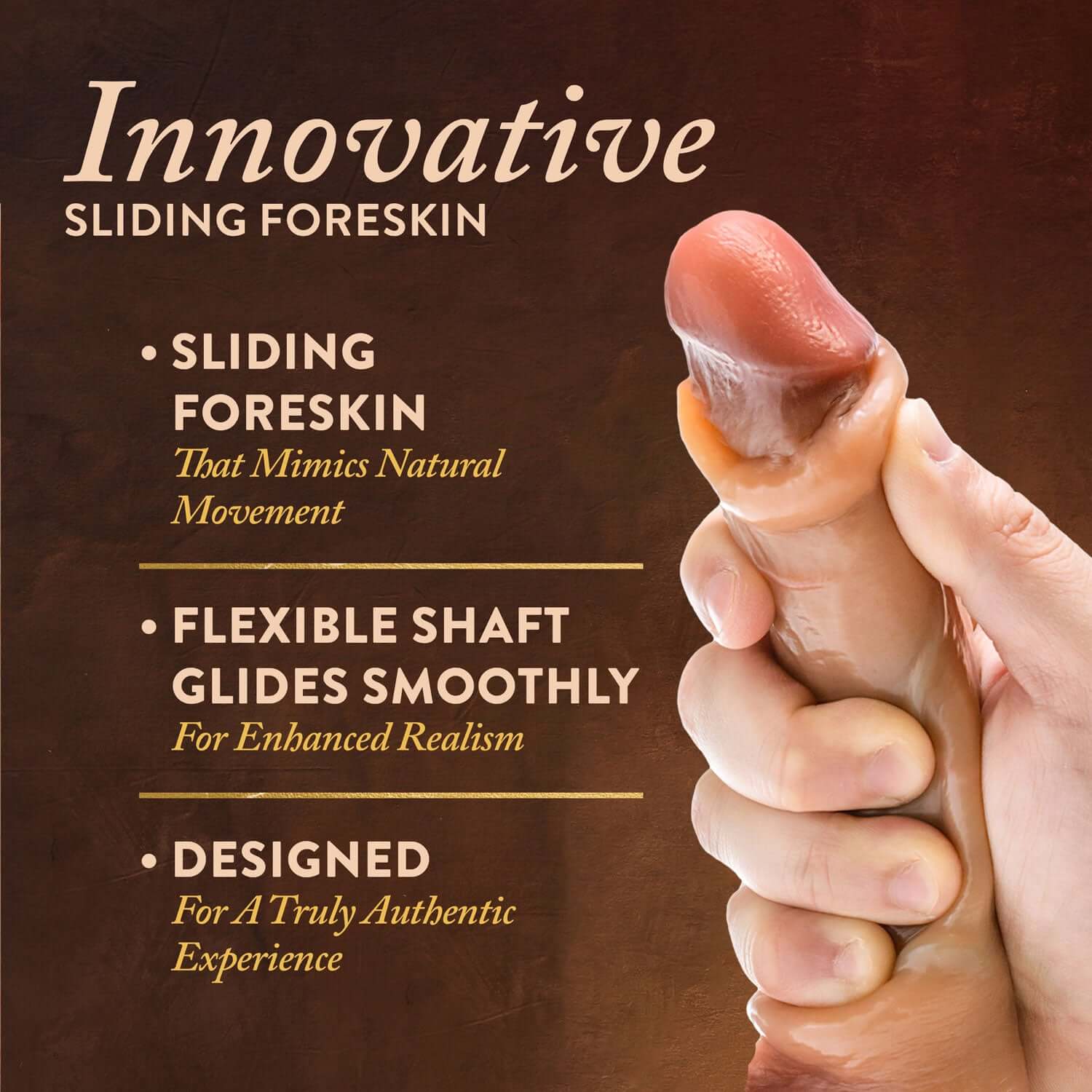 Tan 8-inch sliding foreskin dildo with squeezable balls, highlighting its realistic design elements and innovative features.
