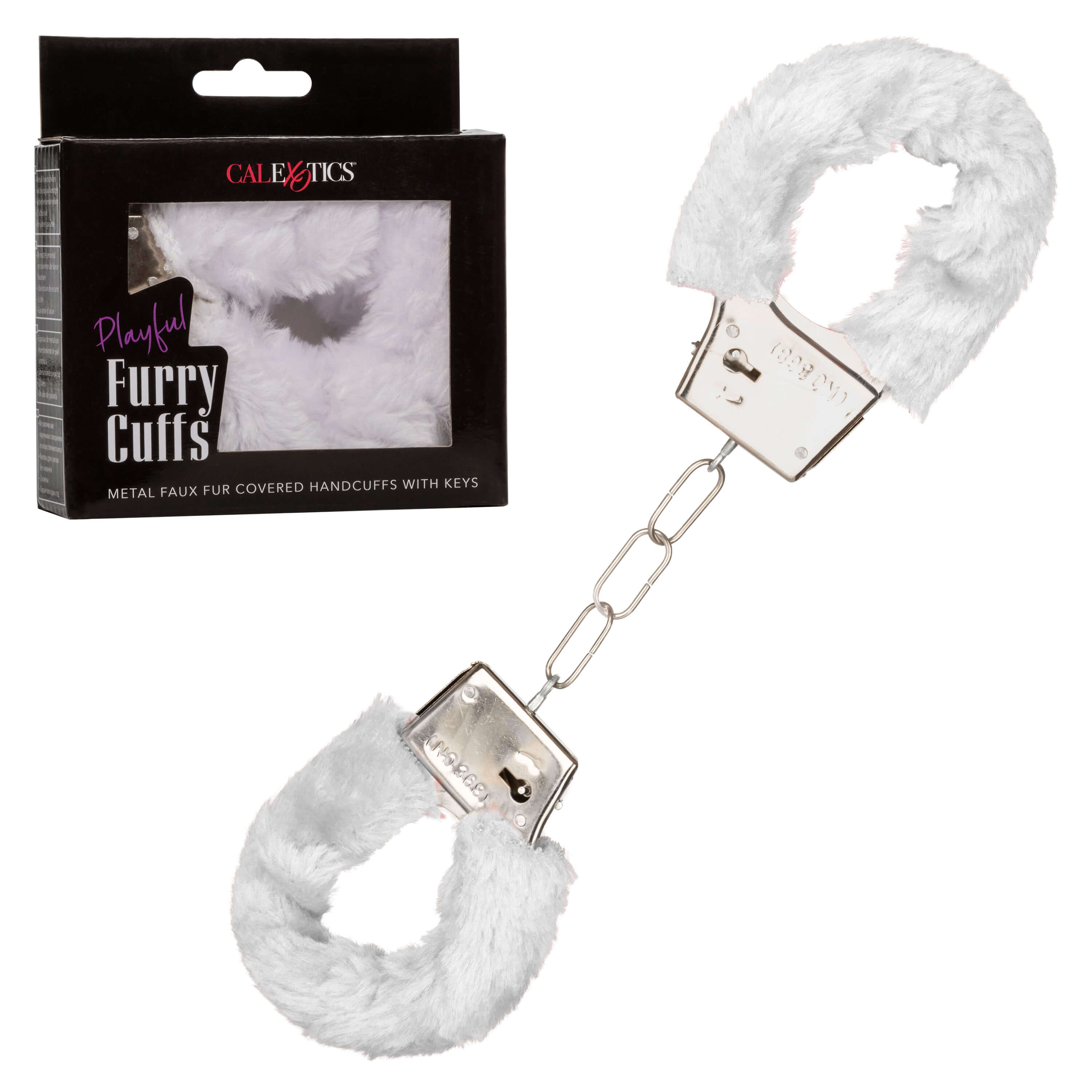 Playful Furry Cuffs White metal handcuffs with plush faux fur padding and packaging.
