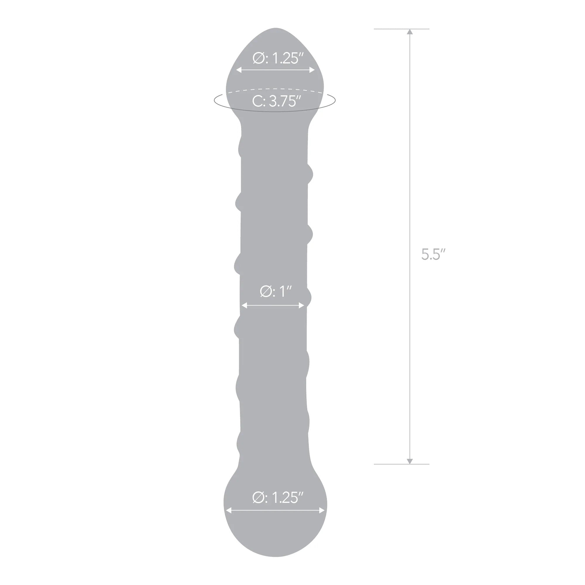 Diagram of 6.5 Inch Spiral Glass Dildo showing dimensions and teardrop-shaped tip with a bulb on the other end.