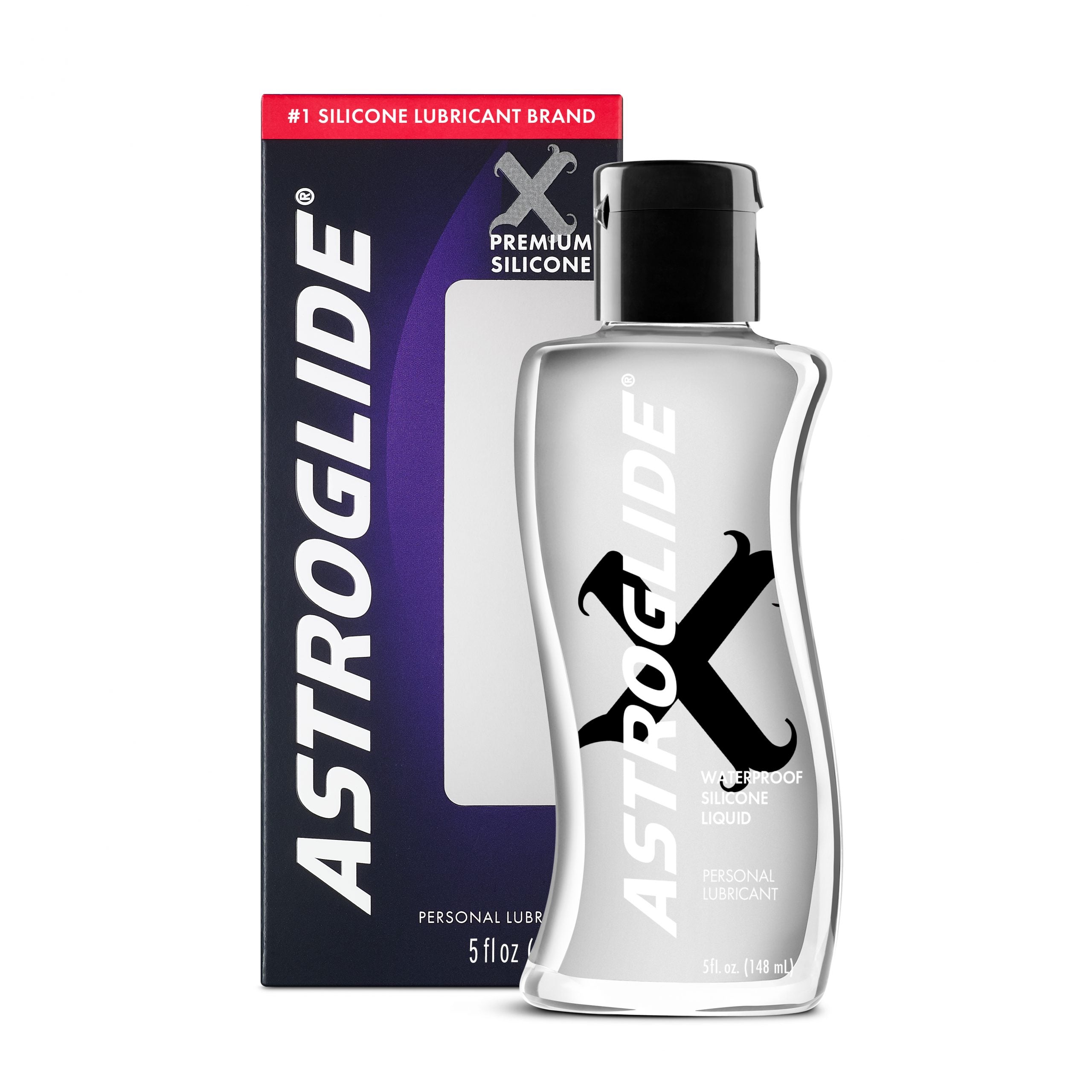 Astroglide X Premium Silicone Lubricant 5 Oz in bottle and box for personal use, smooth glide and comfort.