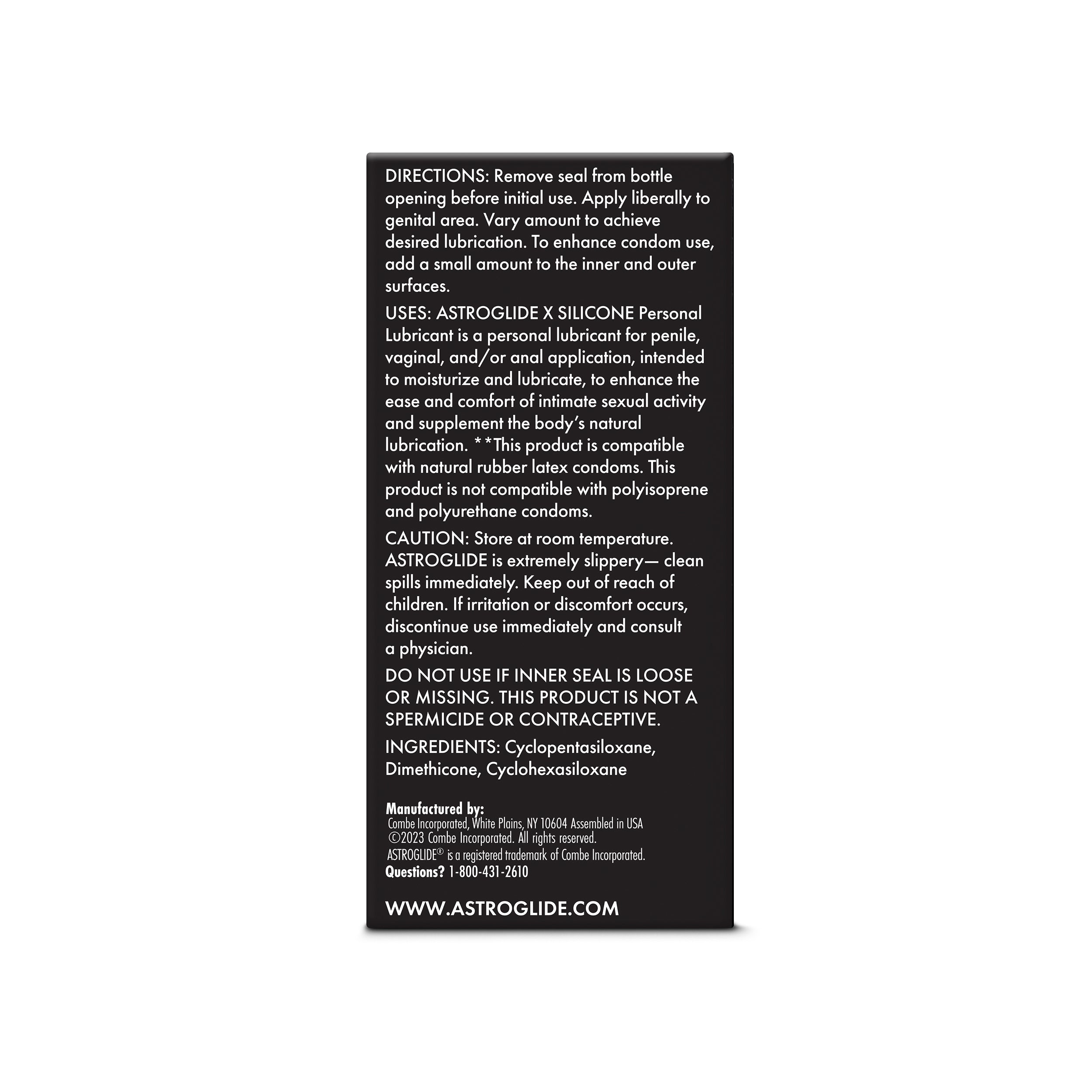 Astroglide X Premium Silicone Lubricant 5 Oz directions and usage instructions on packaging.