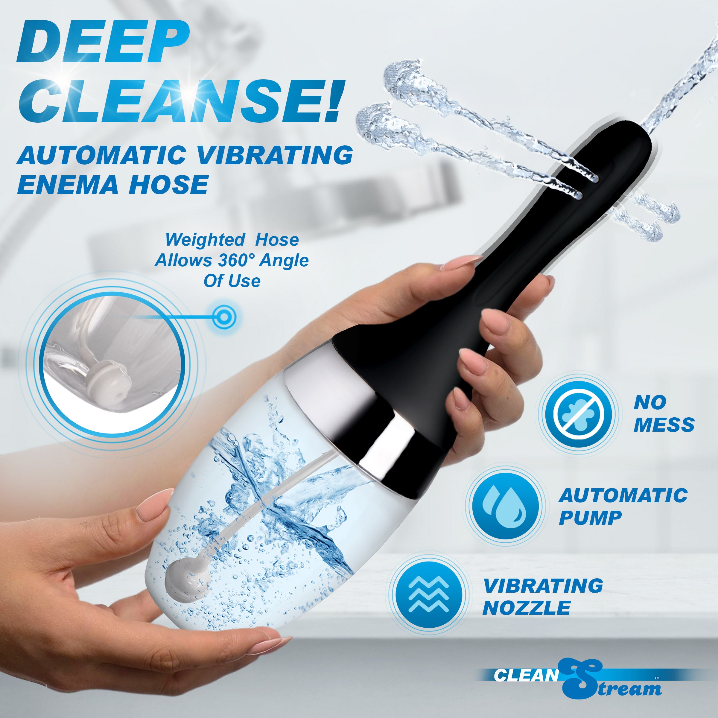 CleanStream Auto-Vibrating Enema Bulb showing automatic vibrating enema hose with ergonomic design and water spray features.