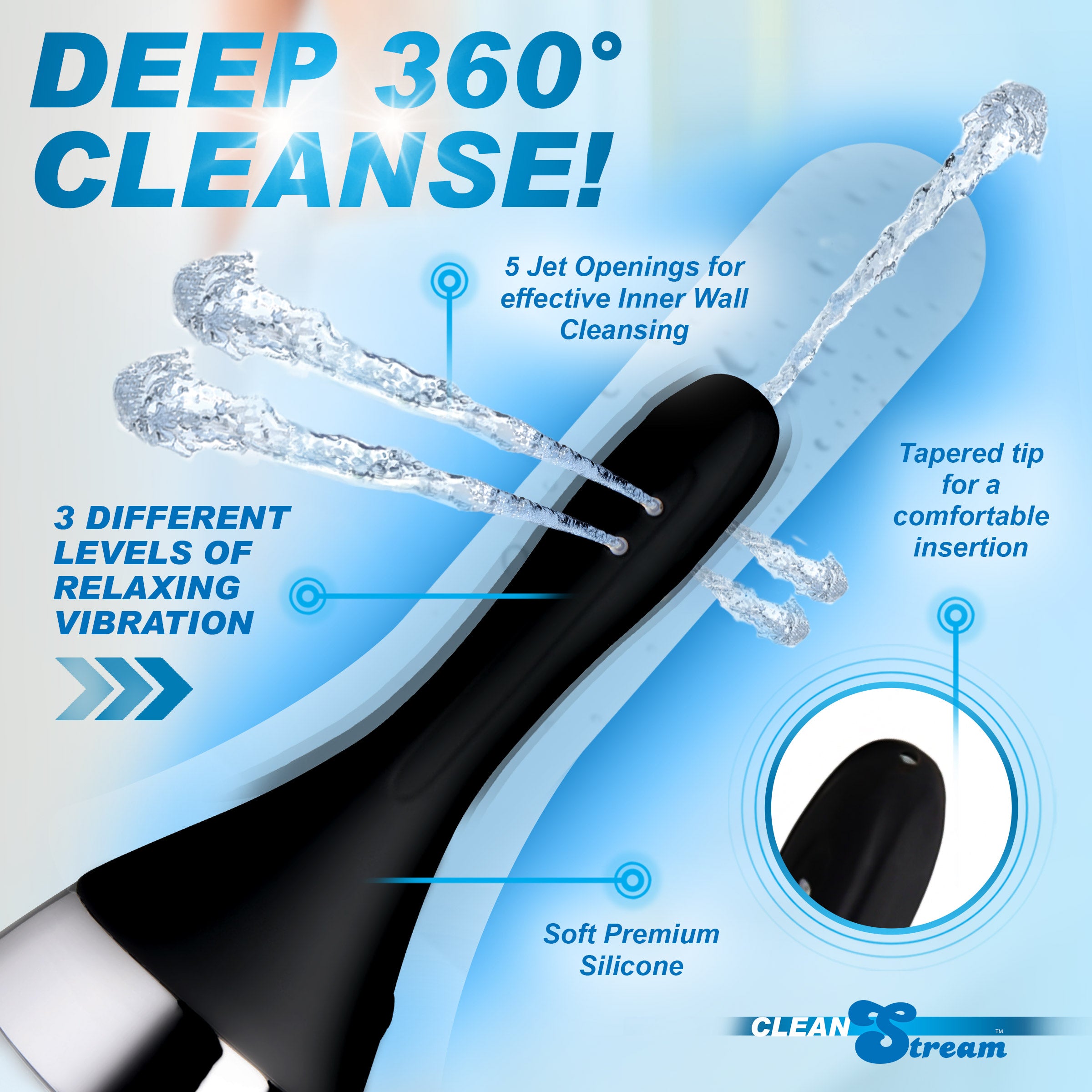 CleanStream Auto-Vibrating Enema Bulb with 5 jet openings and tapered tip for a comfortable cleanse.