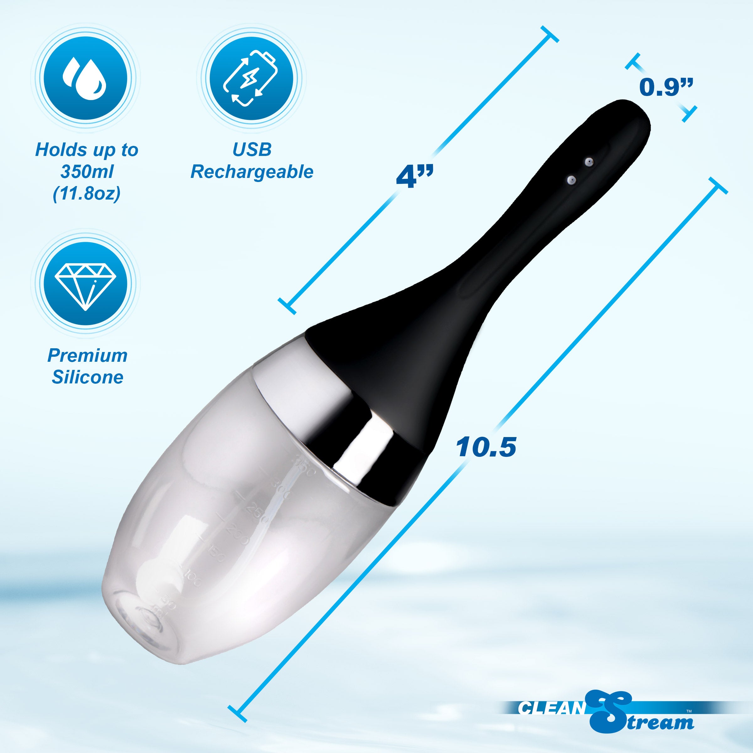 CleanStream Auto-Vibrating Enema Bulb with measurements, premium silicone, and USB rechargeable features.
