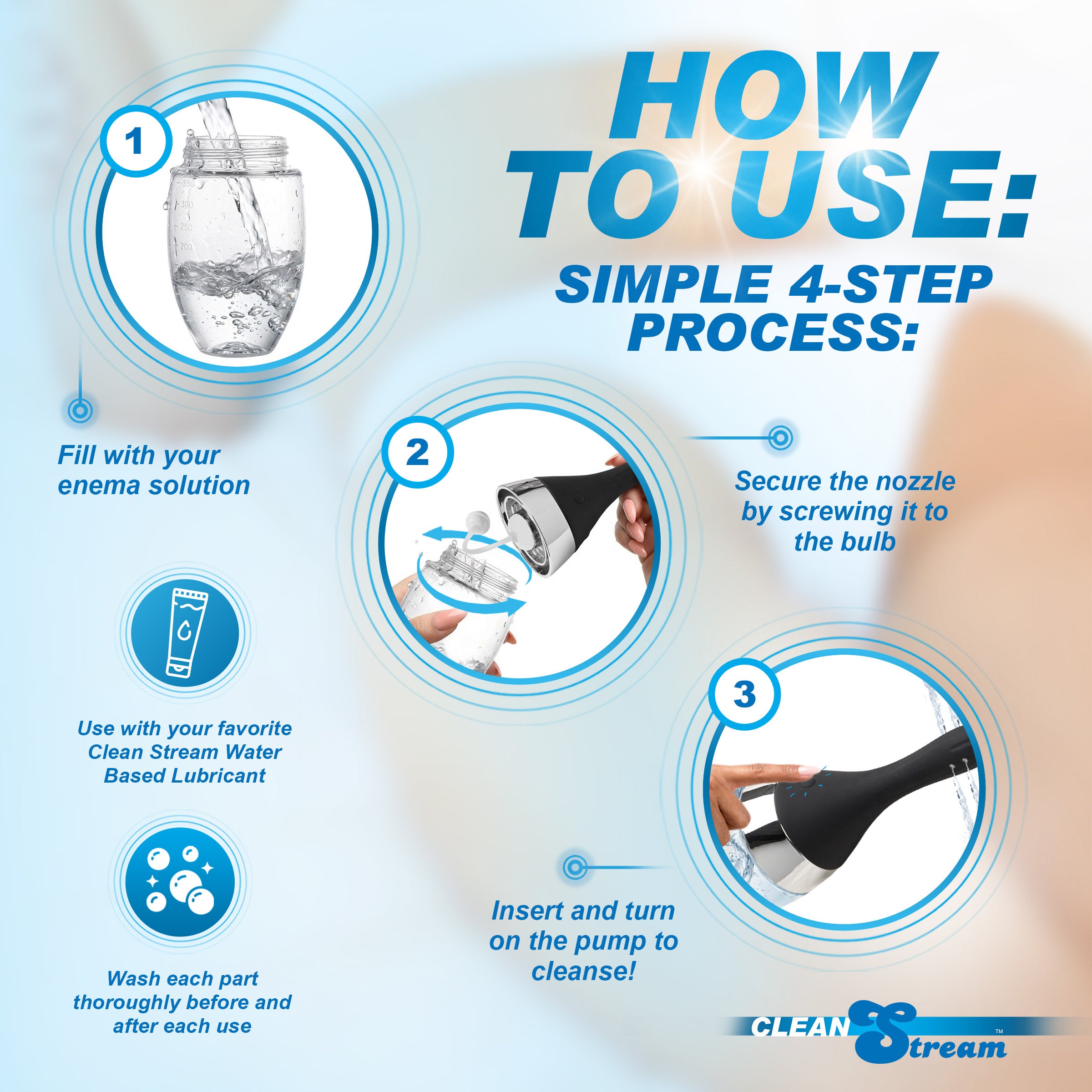 How to use CleanStream Auto-Vibrating Enema Bulb: simple 4-step process for effective cleansing.