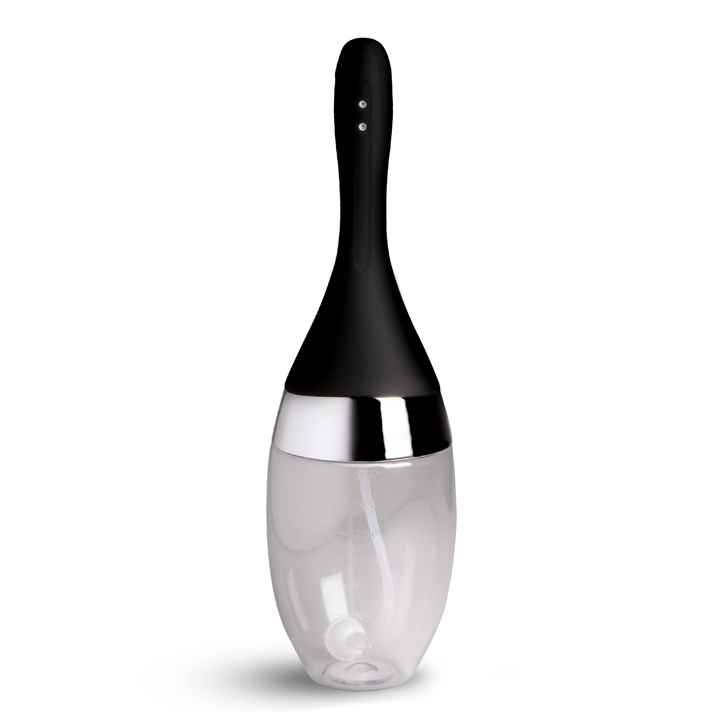 CleanStream Auto-Vibrating Enema Bulb with black handle and transparent reservoir for customizable cleansing.