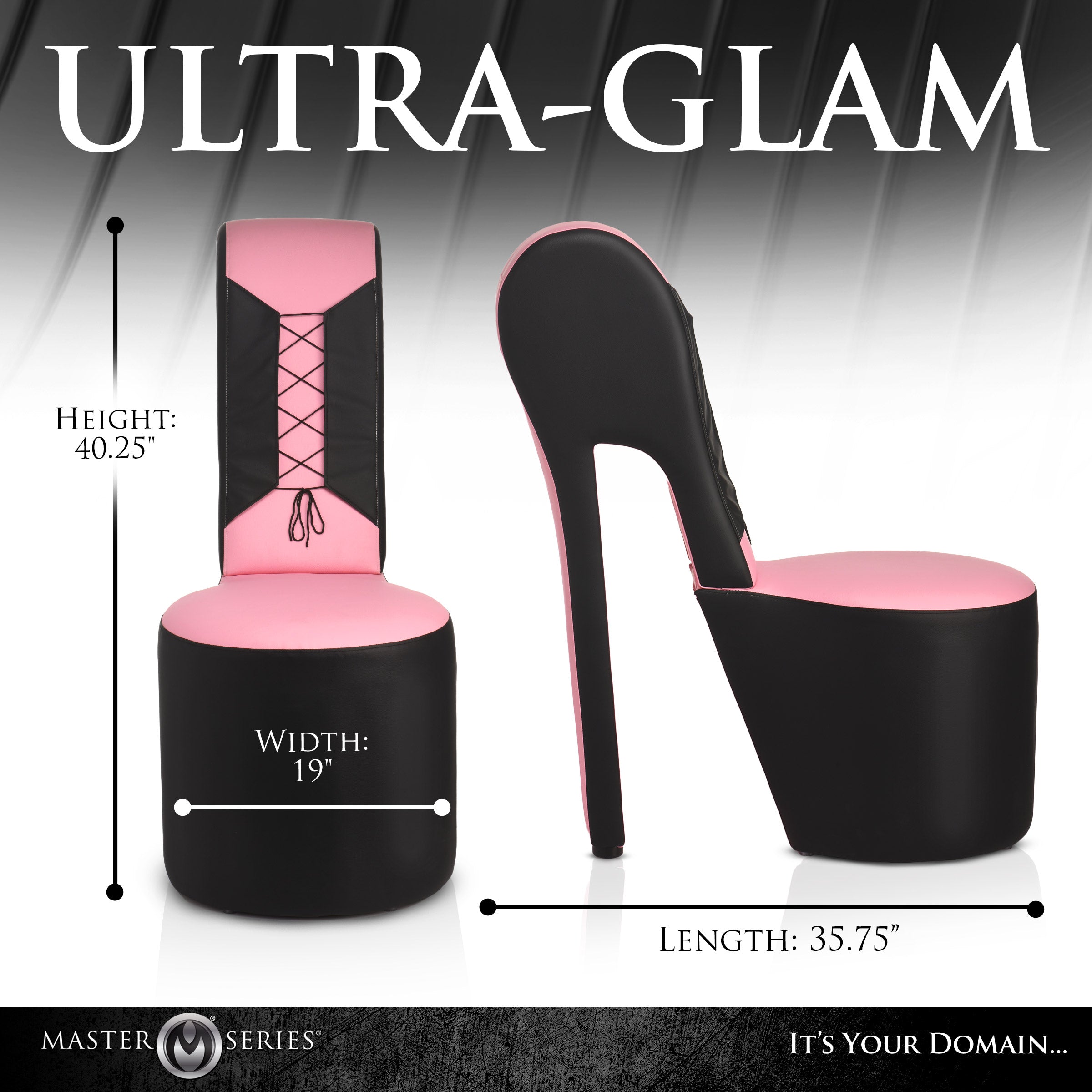 Master Series Stiletto Corset Chair Pink showcasing height, width, and length for ultra-glam design.