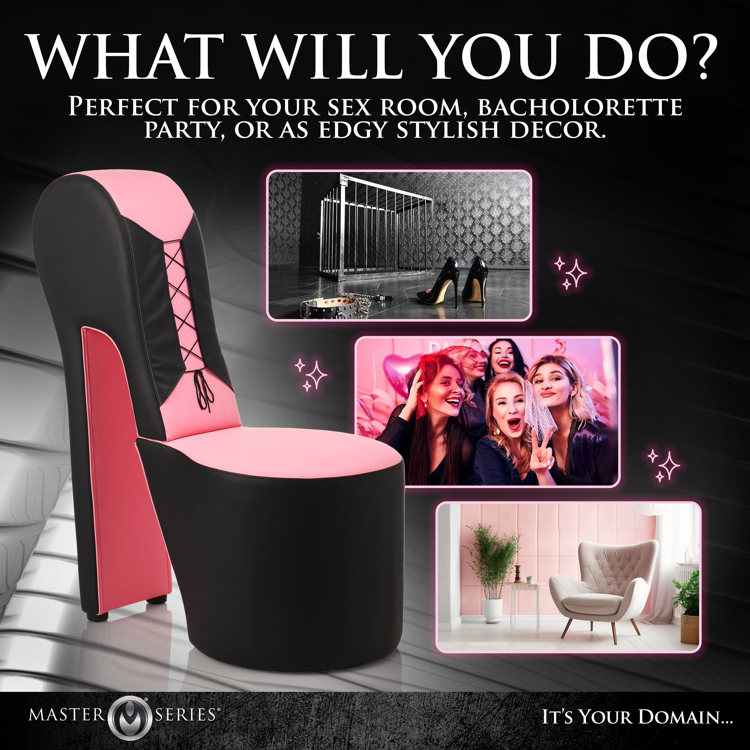 Master Series Stiletto Corset Chair Pink, perfect for bold decor in stylish spaces like lounges or bachelorette parties.
