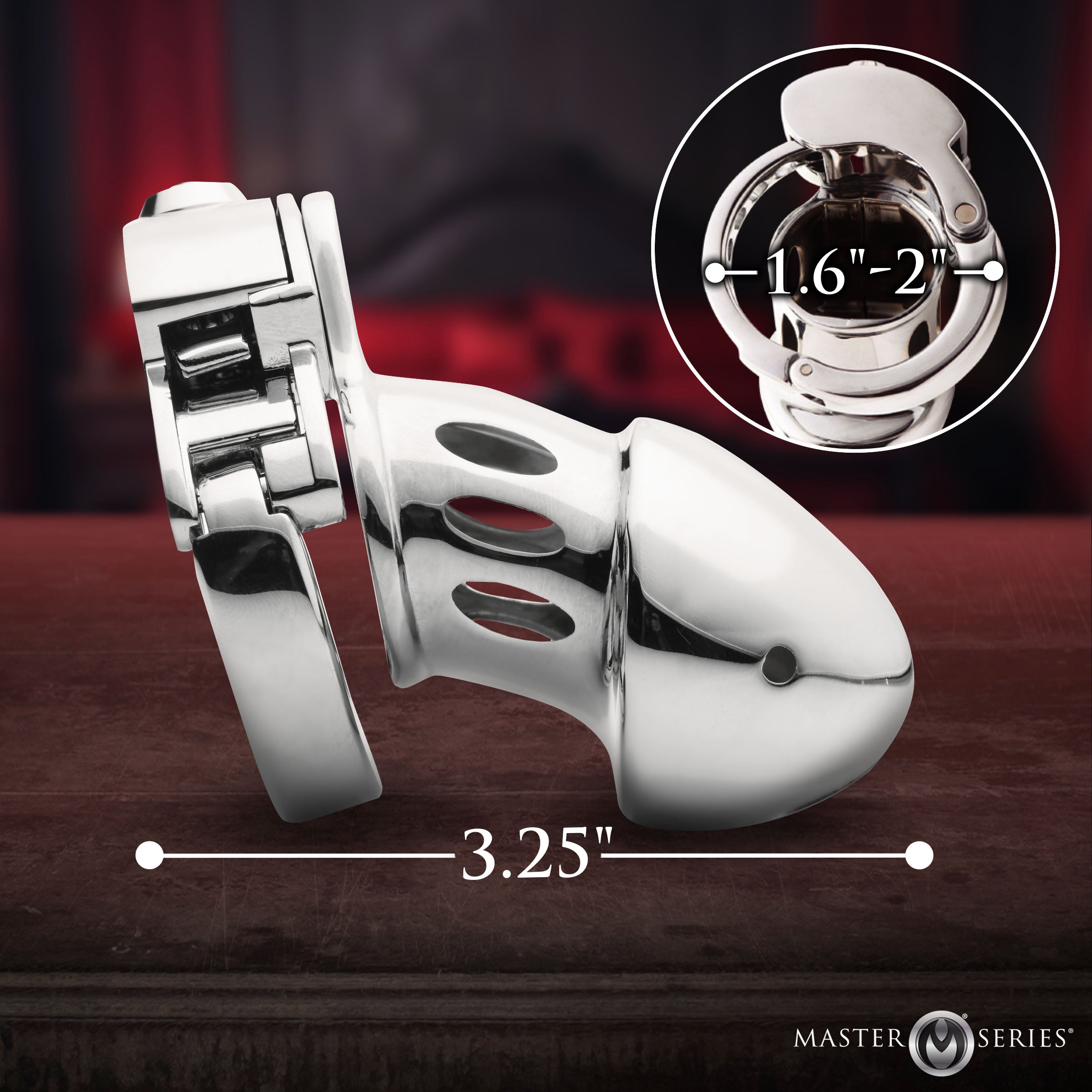 Master Series Cock Cuff Snap-on Chastity Cage with adjustable sizing and smooth silver finish.