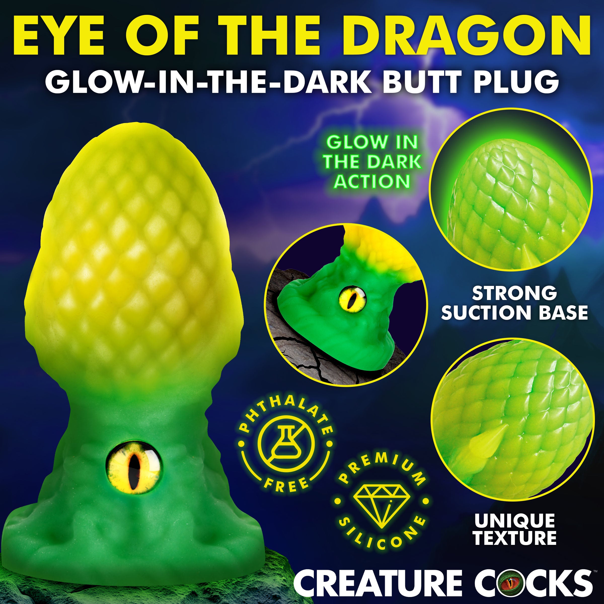 Eye of the Dragon Silicone Butt Plug Green features glow-in-the-dark design and unique dragon-scale texture.