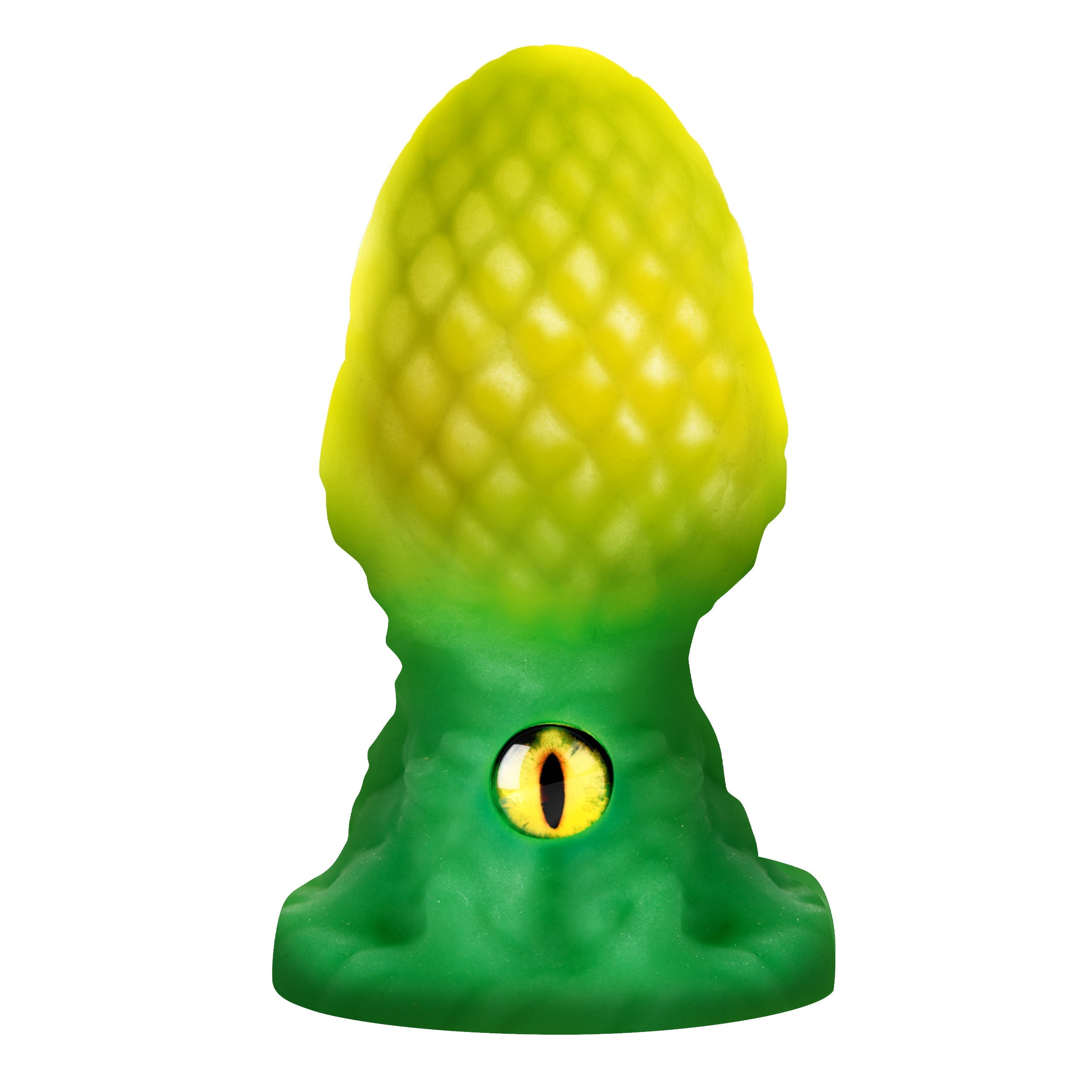 Eye of the Dragon Silicone Butt Plug Green with dragon-scale texture and glass eye detail.