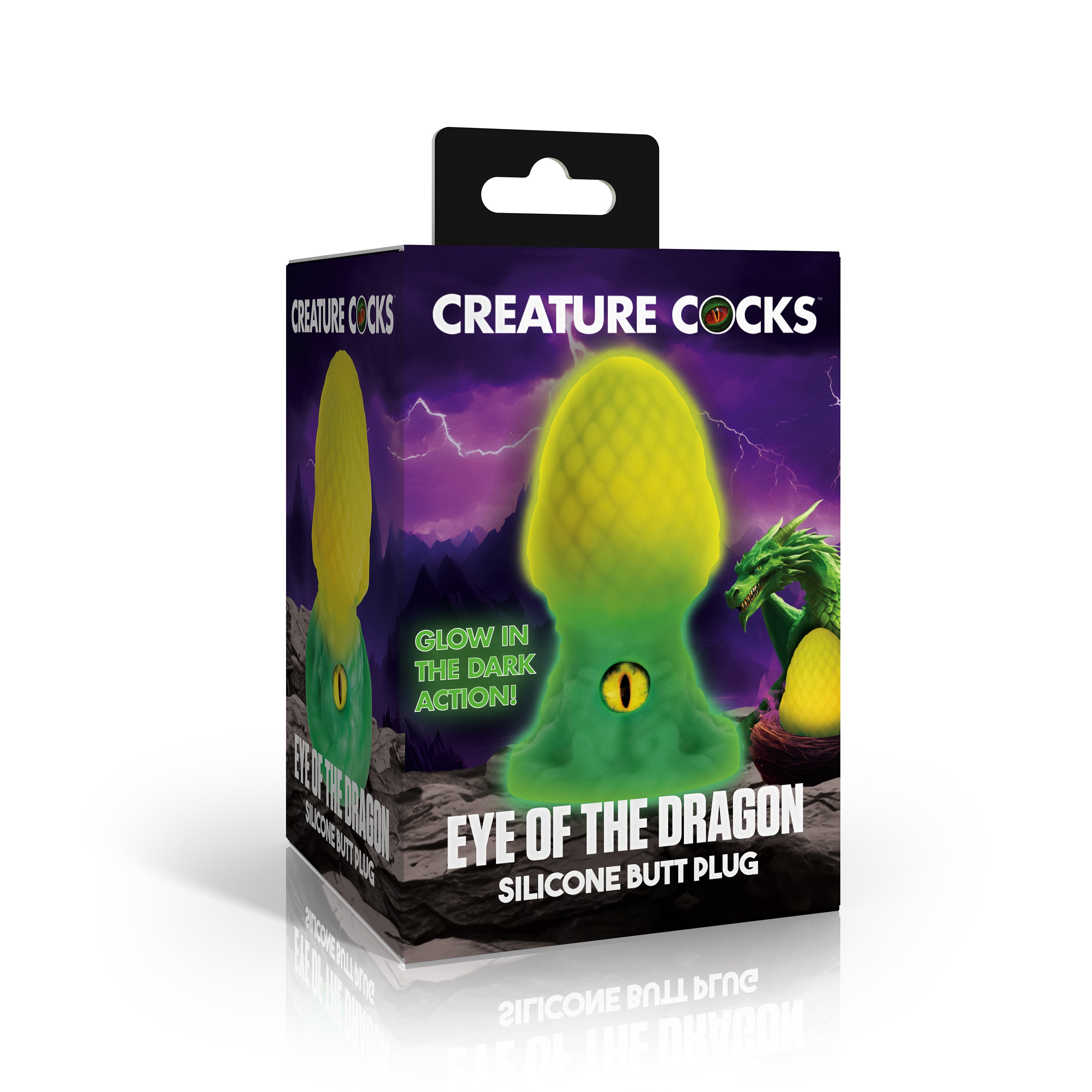 Eye of the Dragon Silicone Butt Plug Green packaging featuring a vibrant dragon design and glow-in-the-dark feature.
