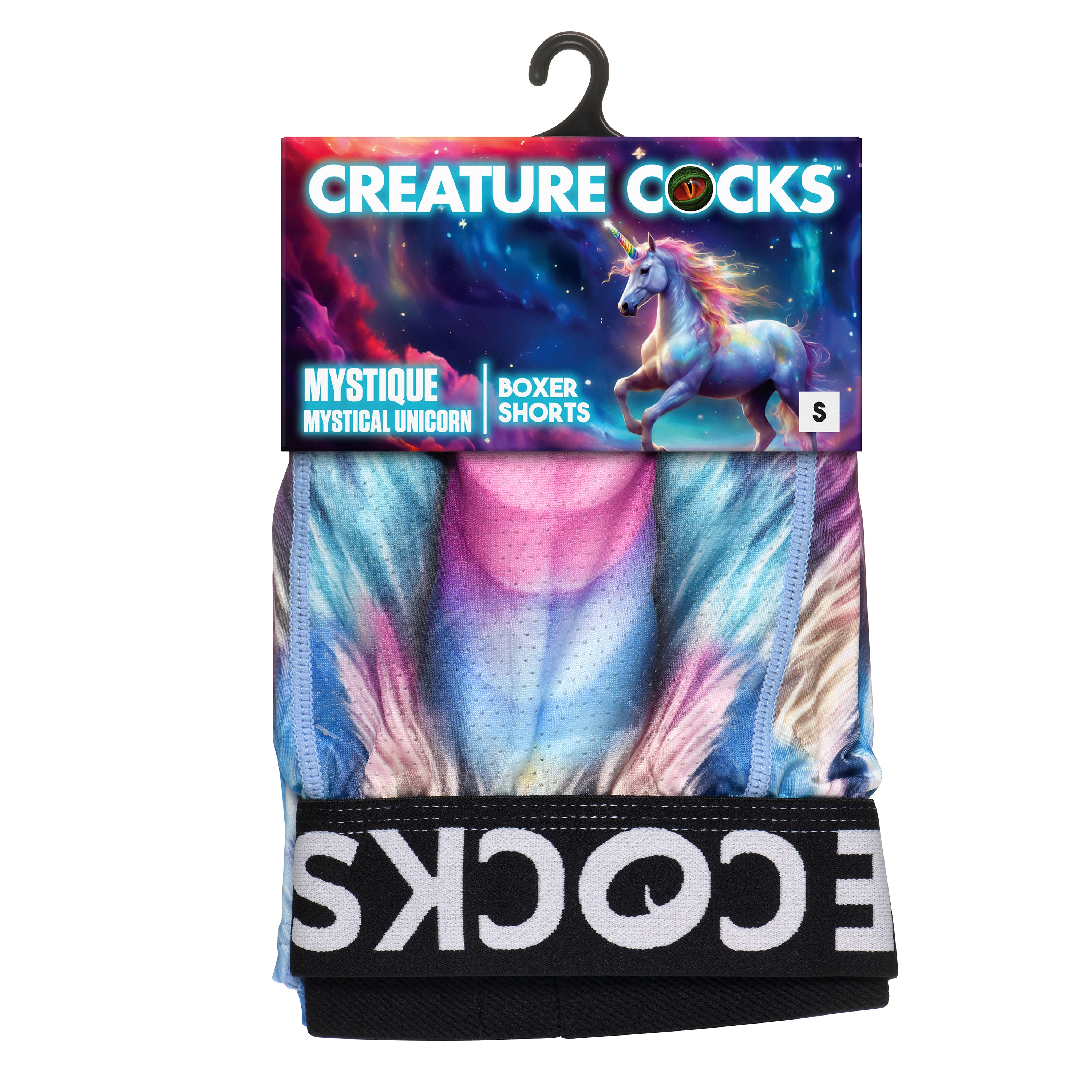 Creature Wear Mystique Unicorn Boxer Shorts Small packaging with colorful unicorn design and waistband.