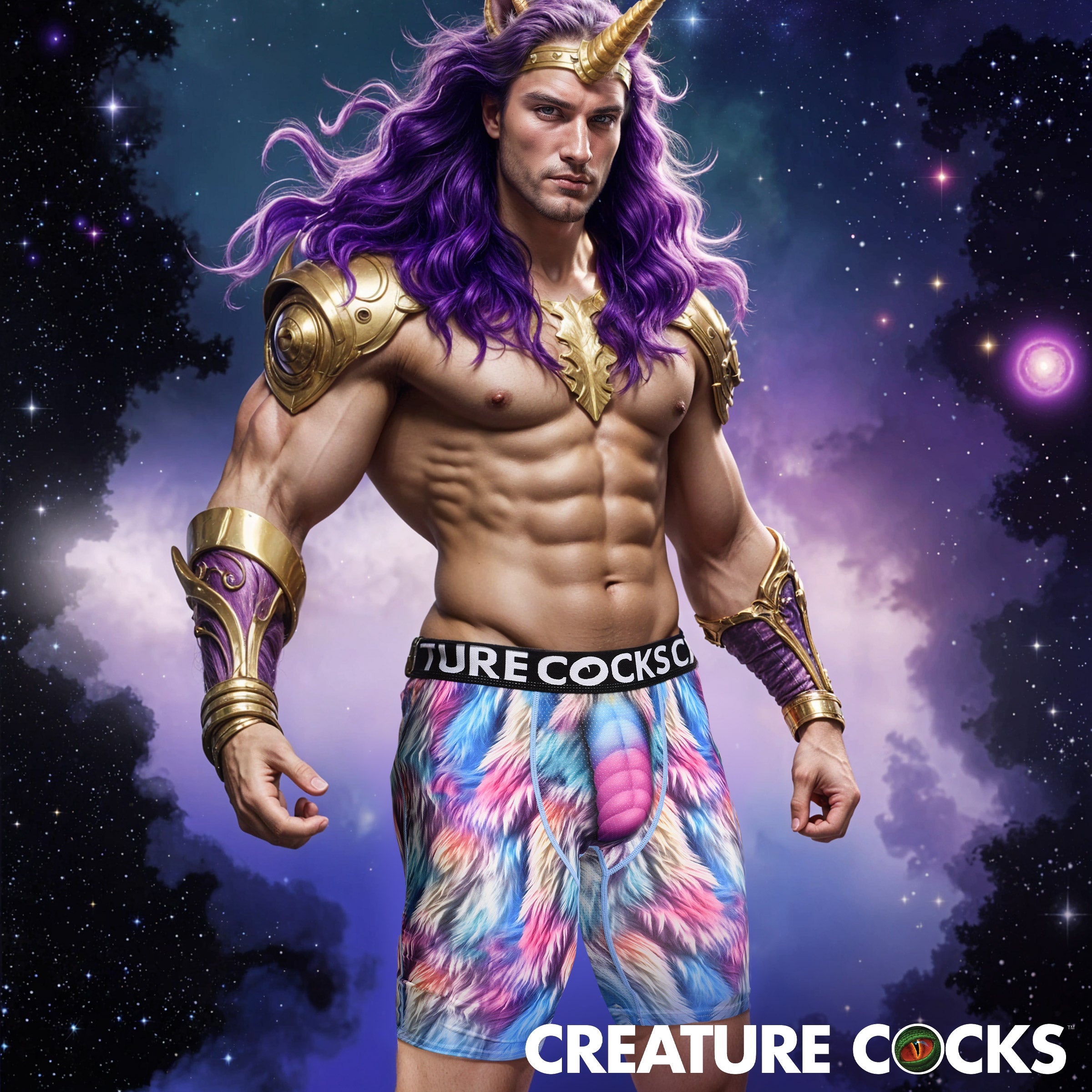 Creature Wear Mystique Unicorn Boxer Shorts Small with colorful cosmic design and fantasy theme.