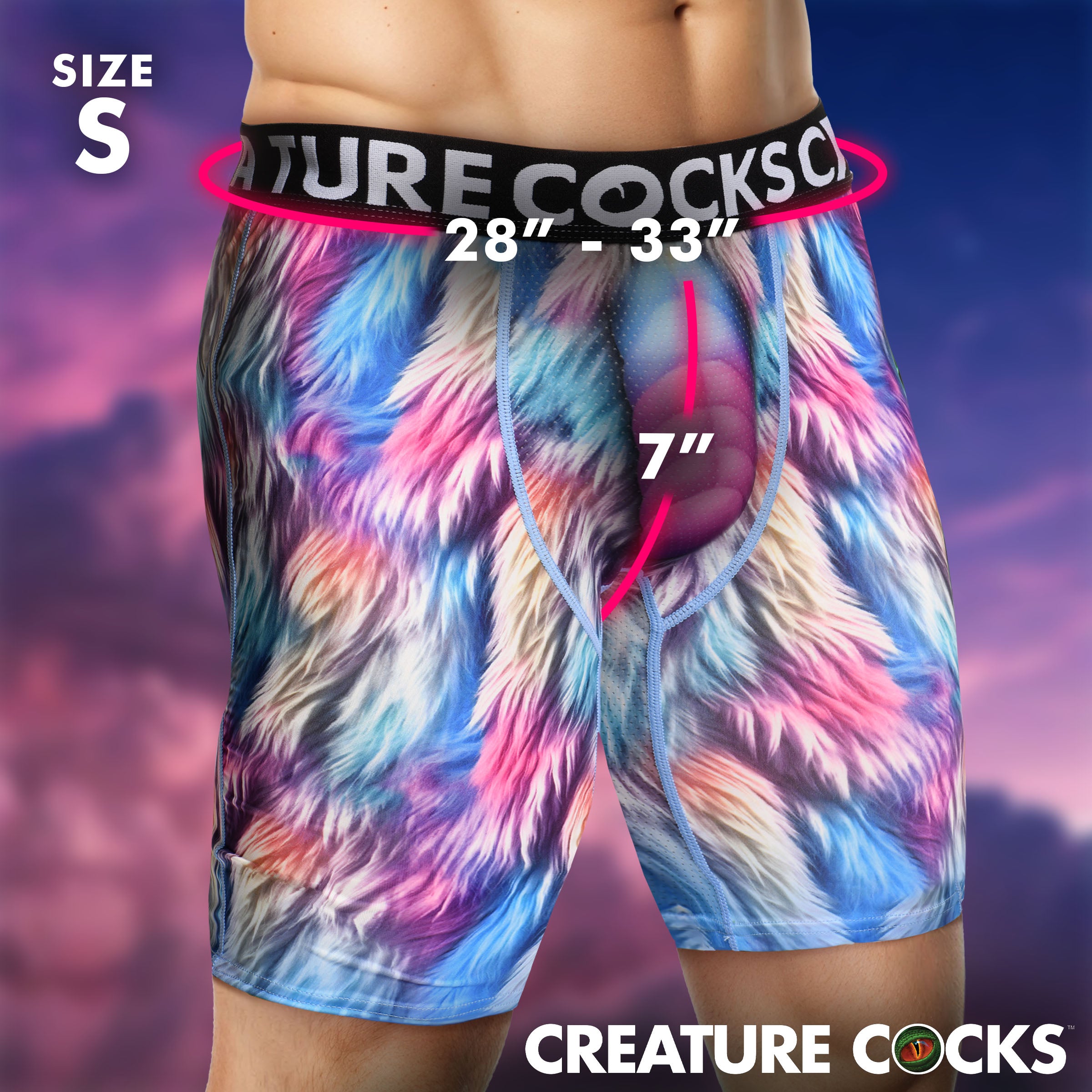 Creature Wear Mystique Unicorn Boxer Shorts Small featuring colorful cosmic unicorn design and size details.
