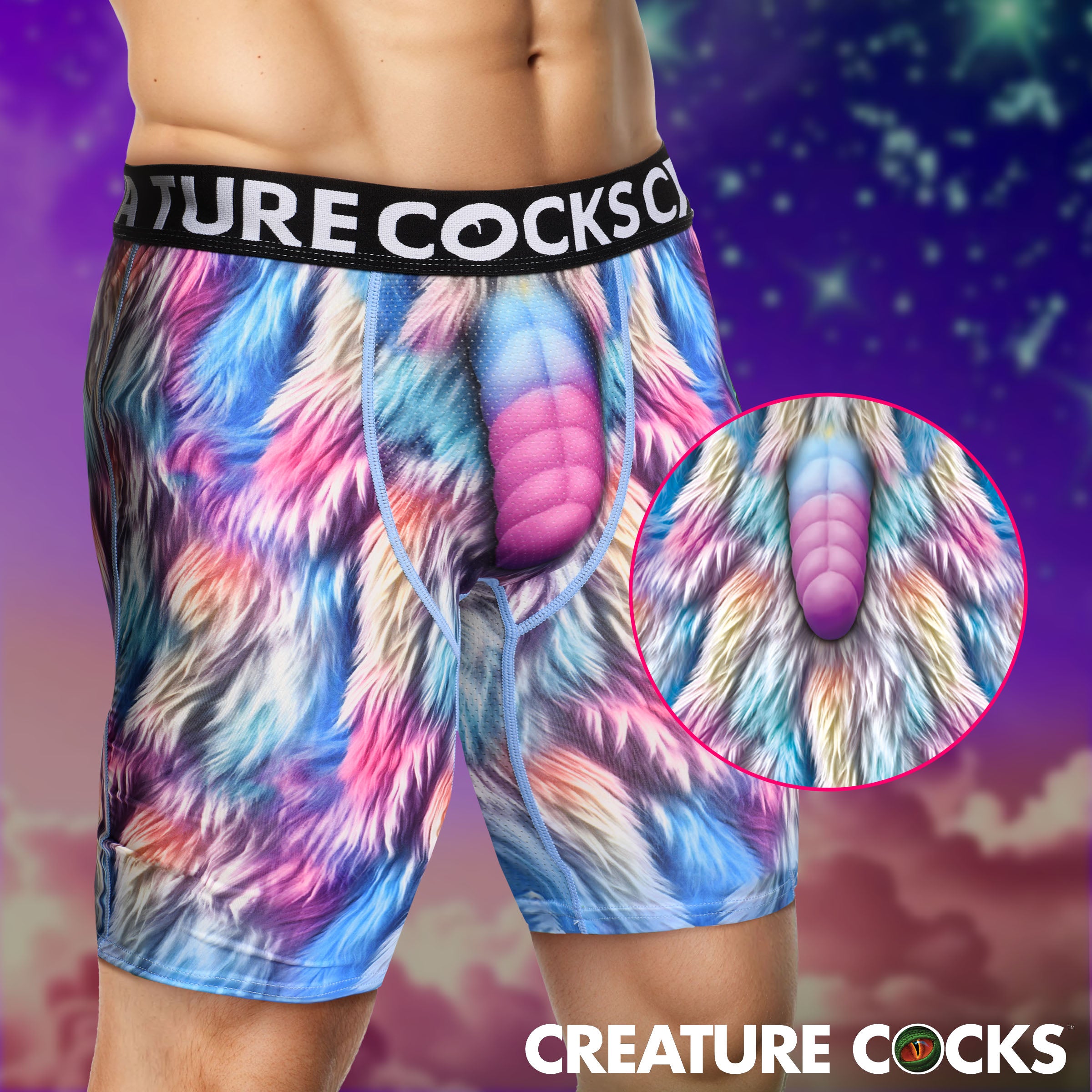 Creature Wear Mystique Unicorn Boxer Shorts Small featuring a colorful cosmic unicorn design.