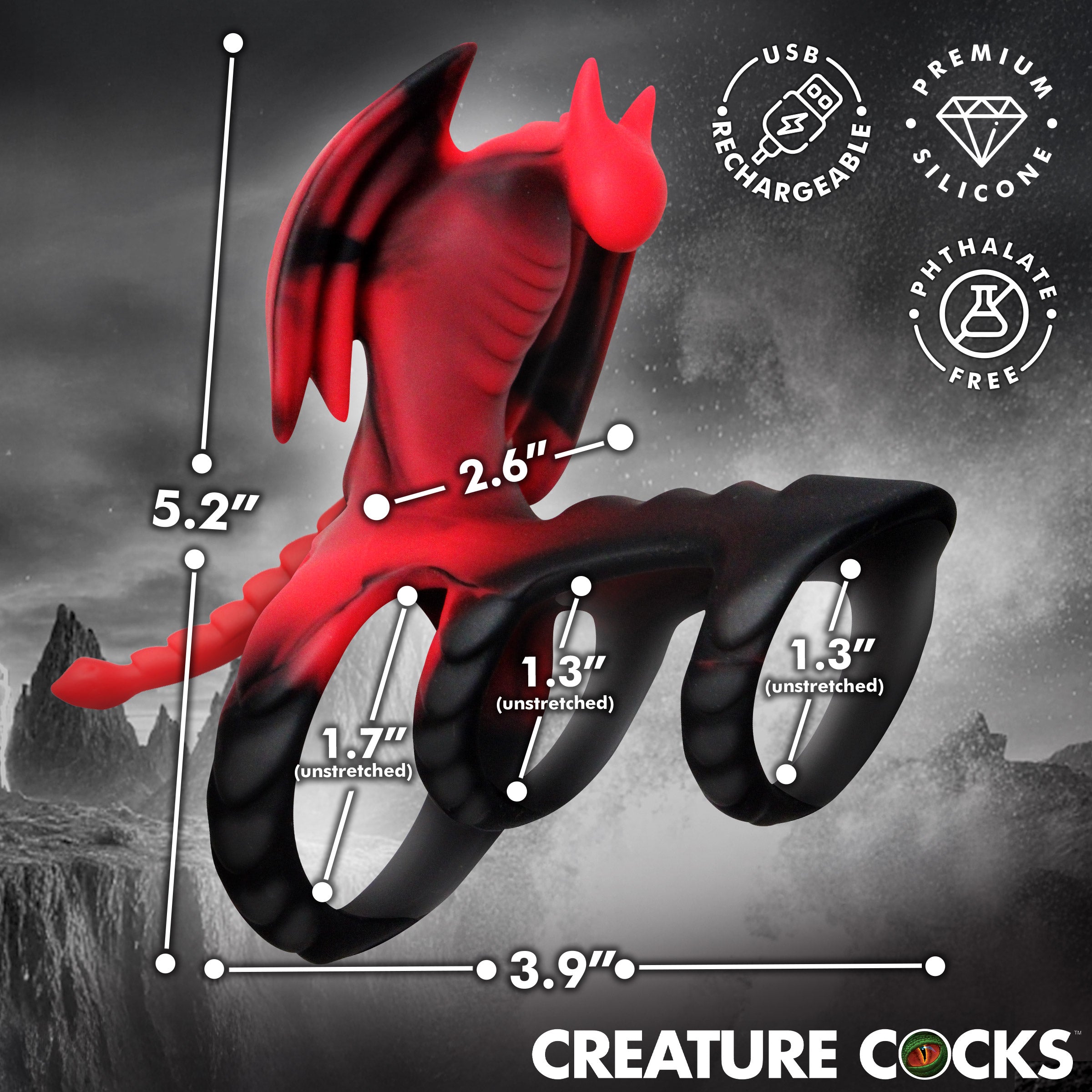 Dragon Flight Vibrating Silicone Cock Ring with red dragon design and dimensions for enhanced pleasure.