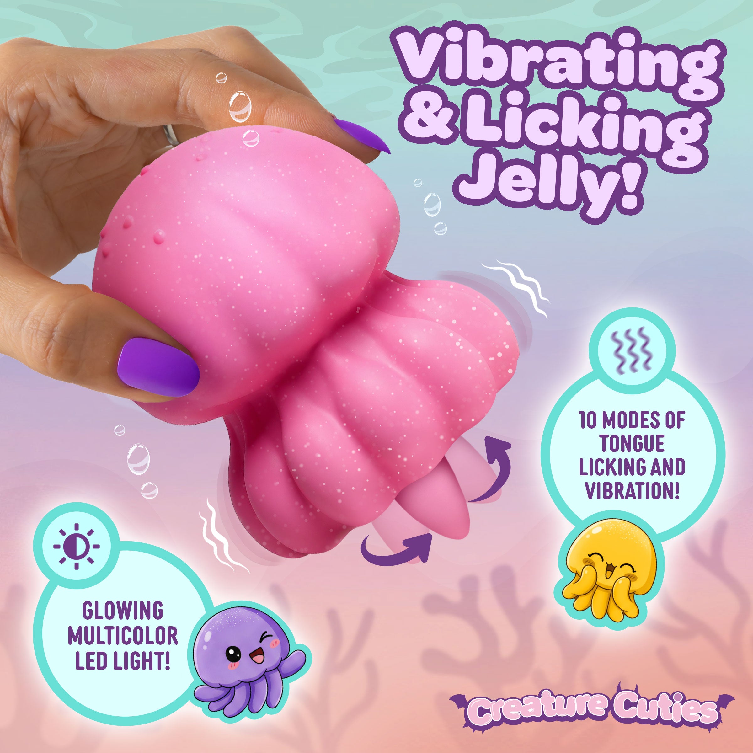 Creature Cuties Glow Jelly Licking & Vibrating Stimulator with pink jellyfish design and glowing multicolor LED light.