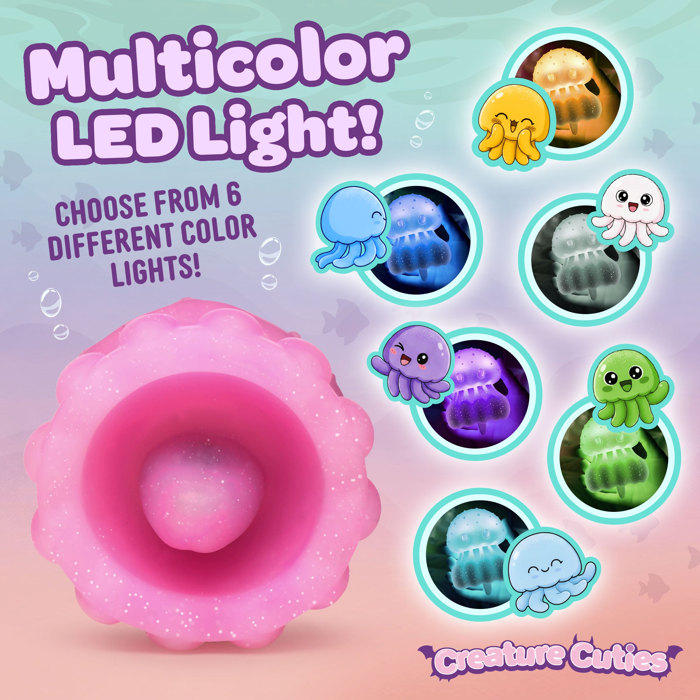 Multicolor LED light feature of the Creature Cuties Glow Jelly Licking & Vibrating Stimulator with 6 color options.